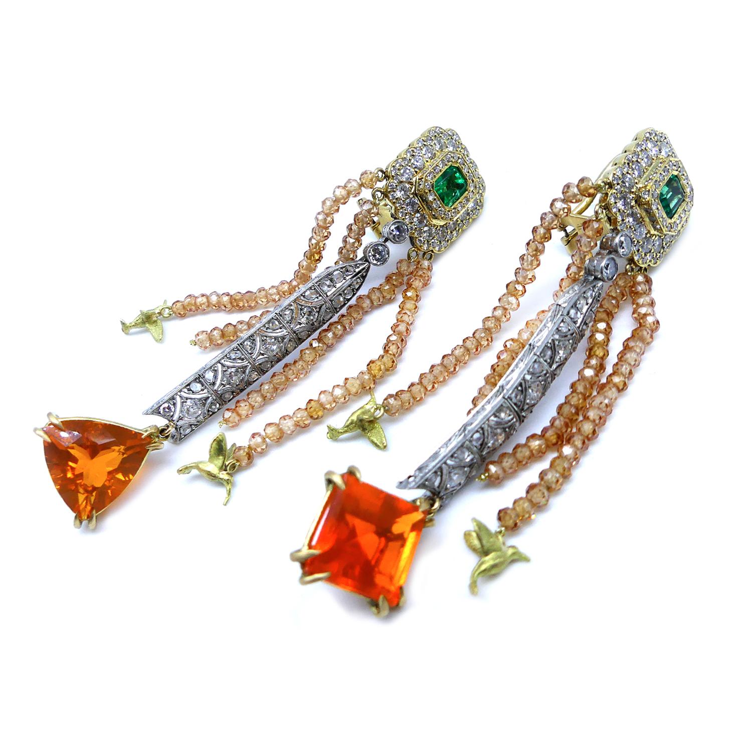 21st Century Bird Emerald Diamond Fire Opals Gold Earrings Orange Vicente Gracia 1