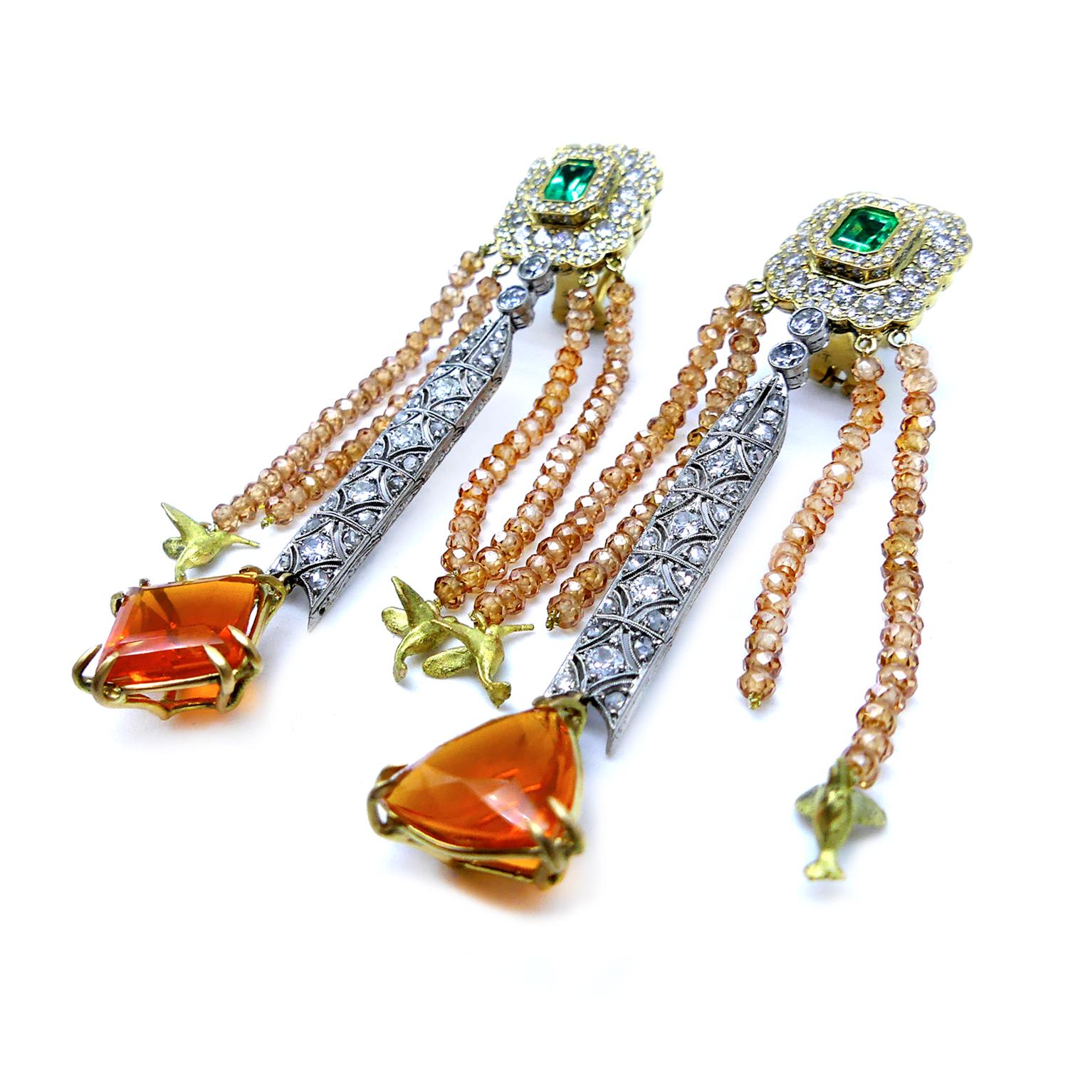 21st Century Bird Emerald Diamond Fire Opals Gold Earrings Orange Vicente Gracia 2