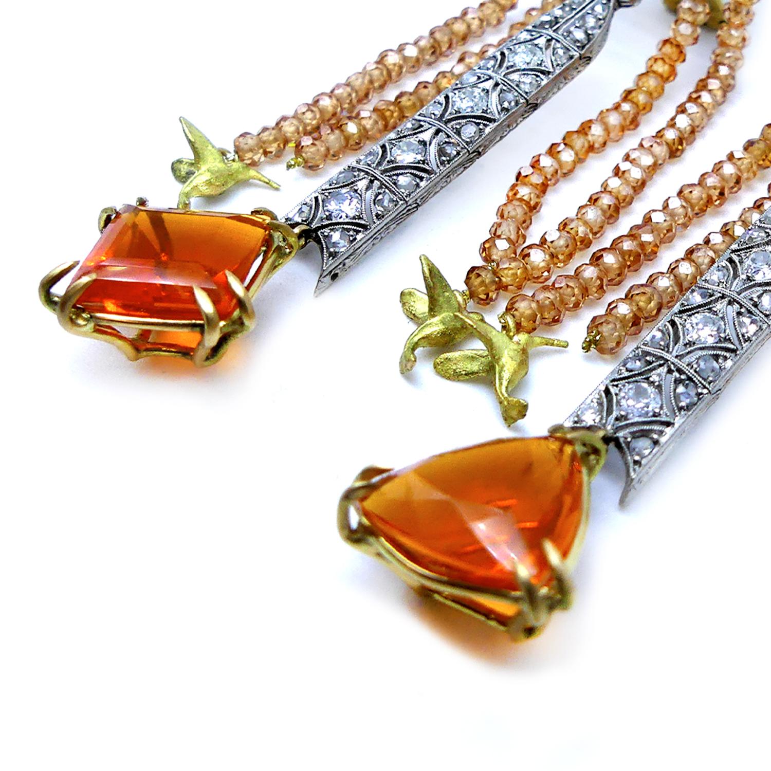 21st Century Bird Emerald Diamond Fire Opals Gold Earrings Orange Vicente Gracia 3