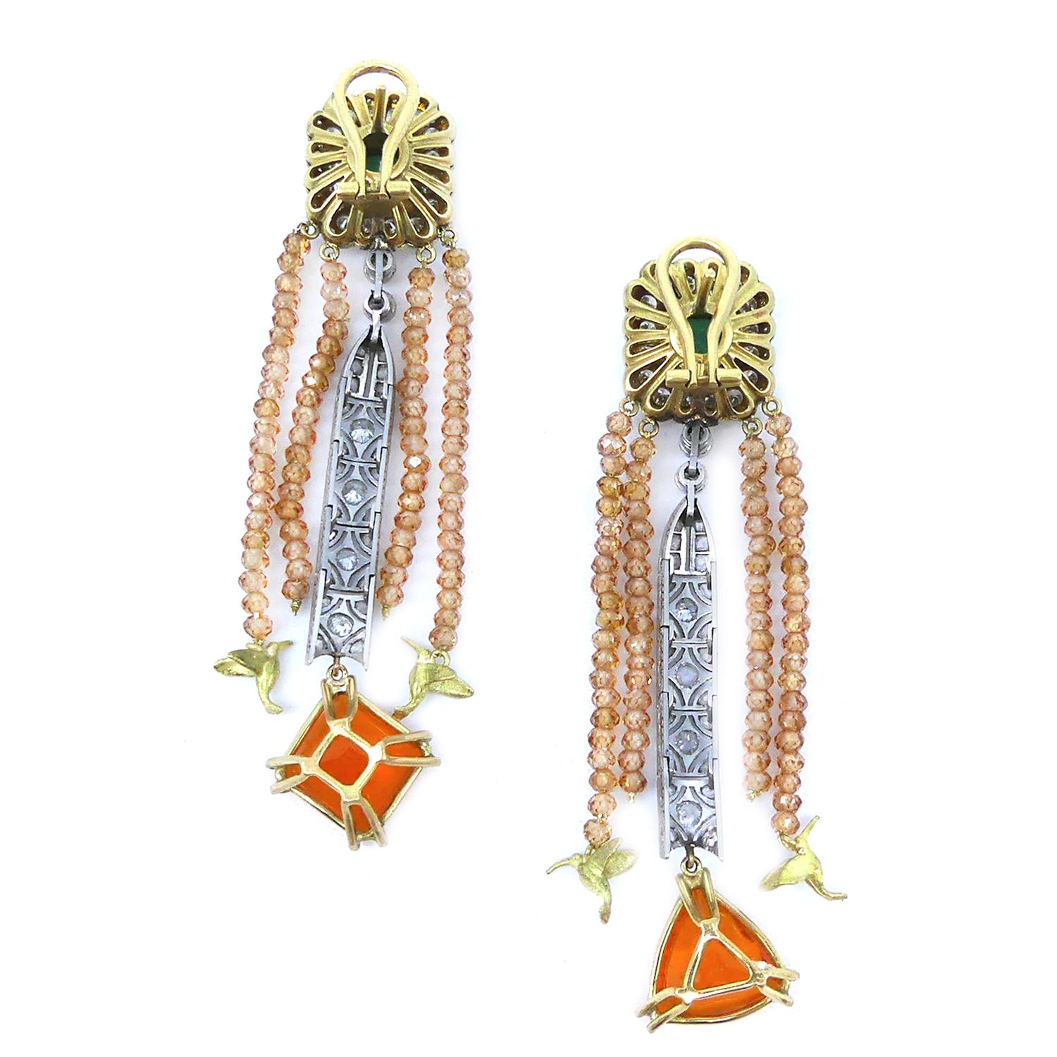 21st Century Bird Emerald Diamond Fire Opals Gold Earrings Orange Vicente Gracia 4