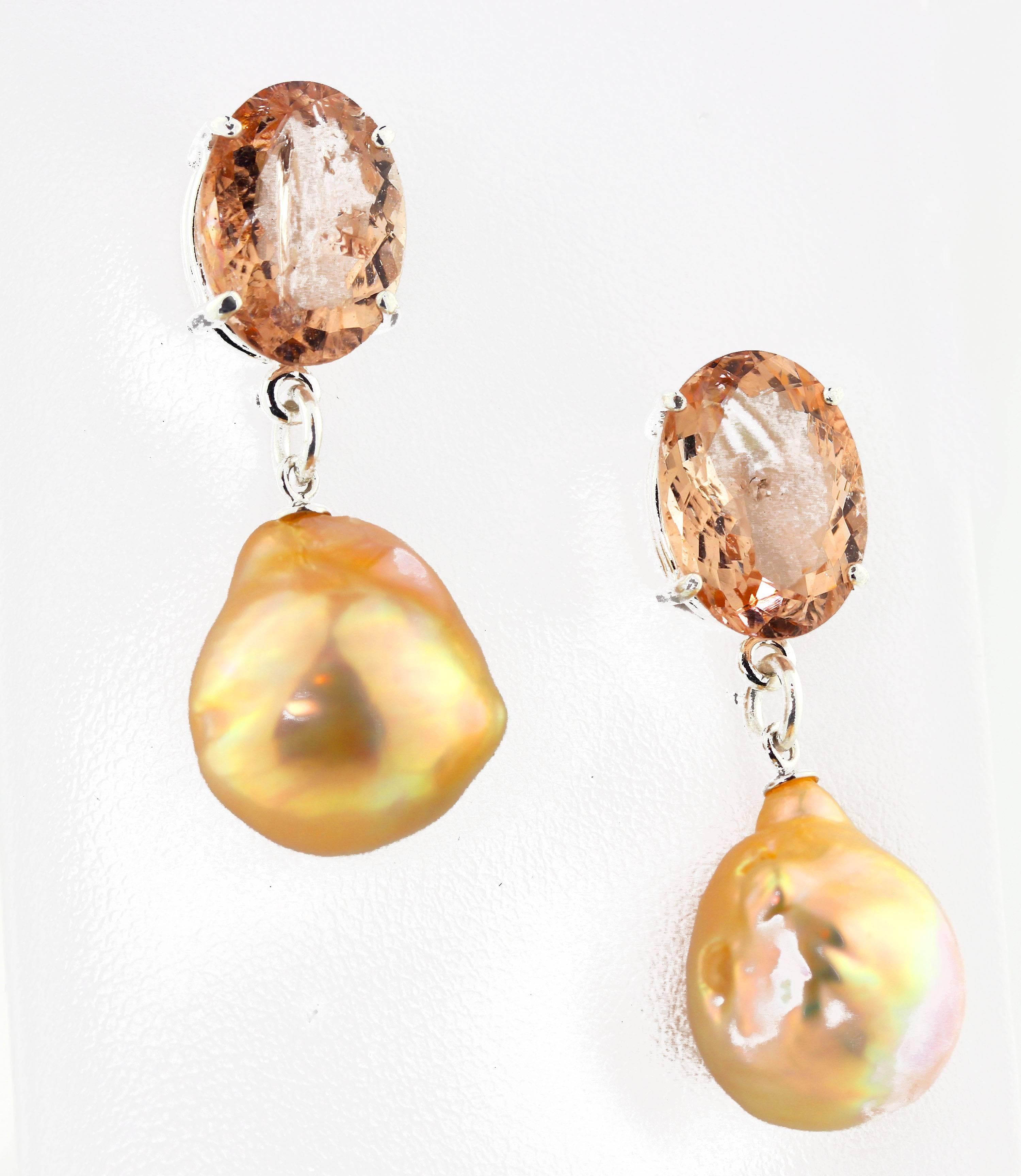 Gemjunky Spectacular 11 Ct of Morganite & Pearl Sterling Silver Coctail Earrings In New Condition In Raleigh, NC