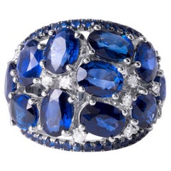 Anello da cocktail con cupola di diamanti e zaffiro blu reale da 11 carati - Oro bianco 18 carati