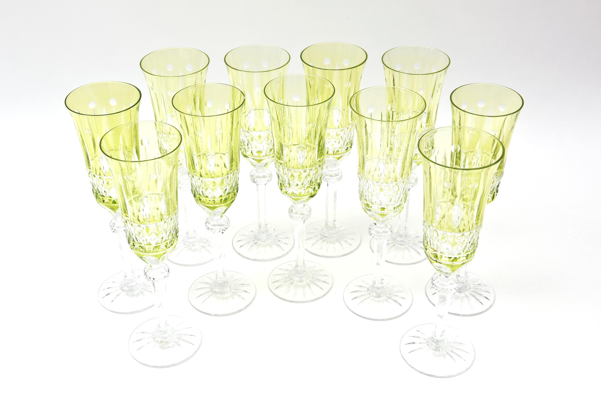 Hand-Crafted 11 Champagne Flutes, Cut Crystal Vintage, Great Chartreuse Color