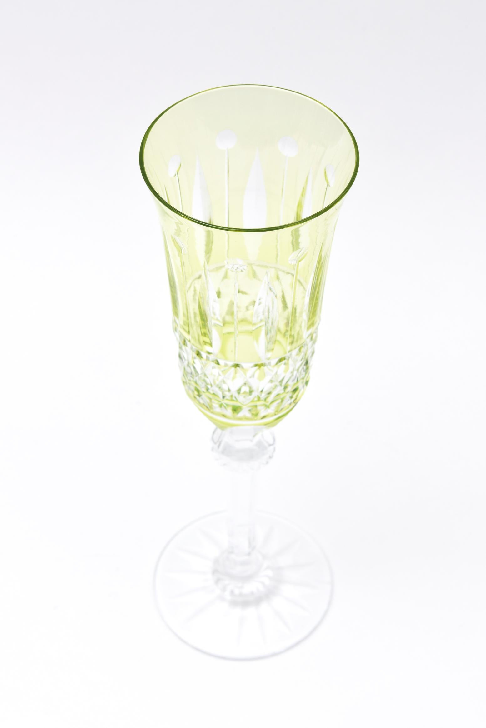 11 Champagne Flutes, Cut Crystal Vintage, Great Chartreuse Color In Good Condition In West Palm Beach, FL