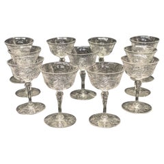 11 Continental Cut Glass Emulating Rock Crystal Sherry Wine Goblets, circa 1960