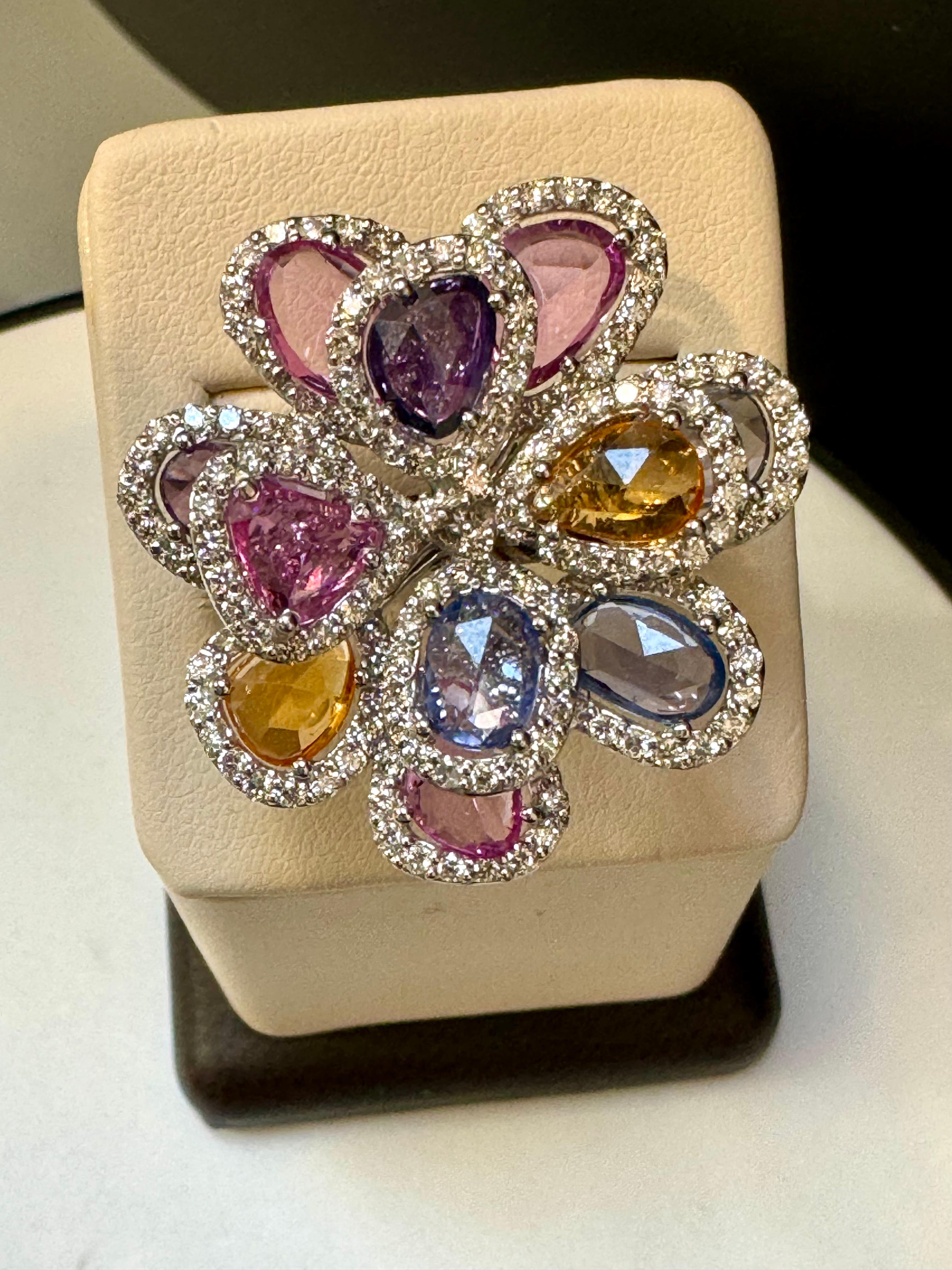 11 Ct Fine Multi Sapphire & 3 Ct Diamond Cocktail Flower Ring in 18 Kt Gold  6.5 For Sale 6