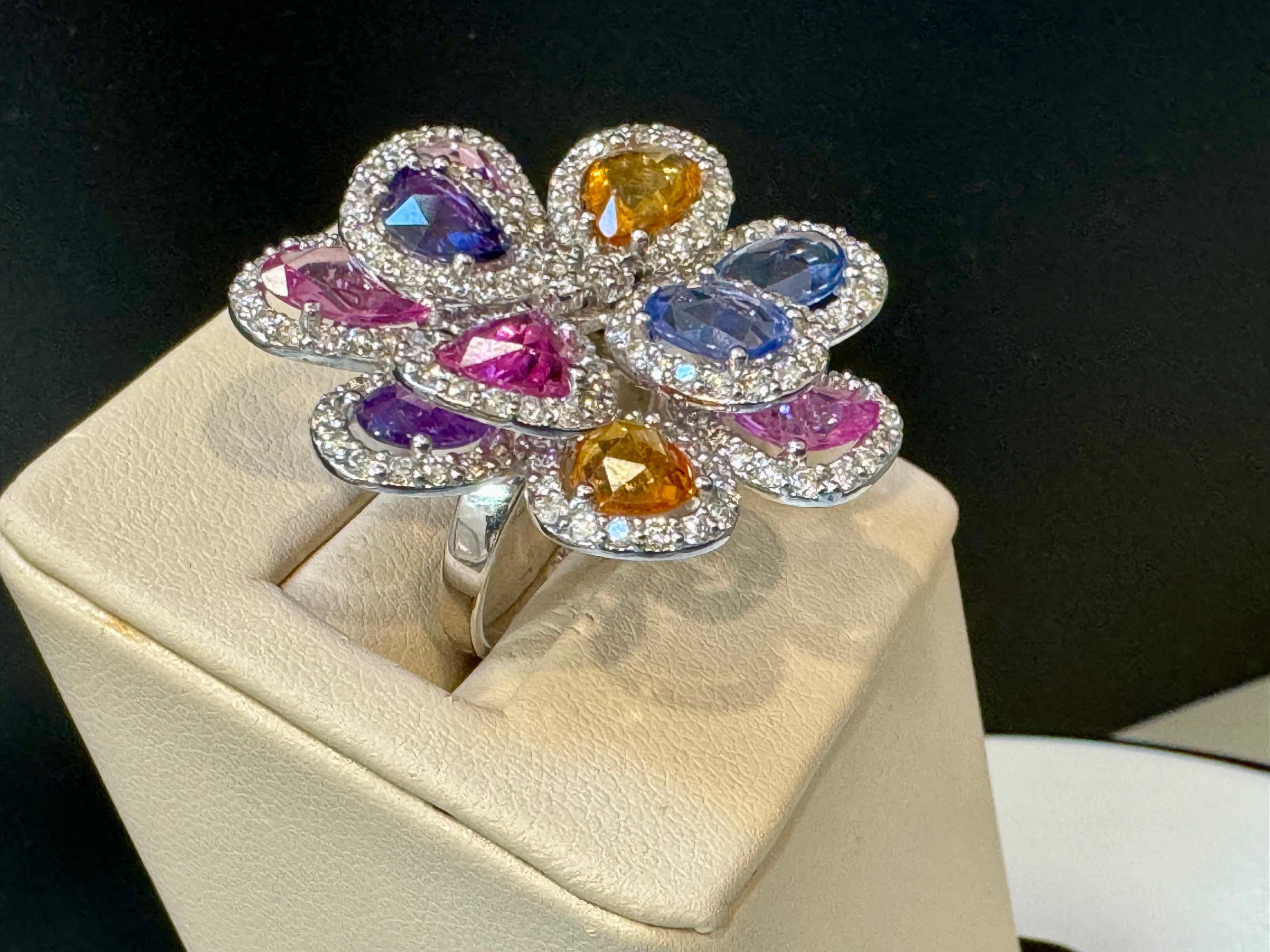 11 Ct Fine Multi Sapphire & 3 Ct Diamond Cocktail Flower Ring in 18 Kt Gold  6.5 For Sale 7