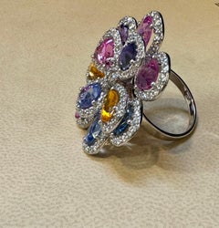 11 Ct Fine Multi Sapphire & 3 Ct Diamond Cocktail Flower Ring in 18 Kt Gold  6.5