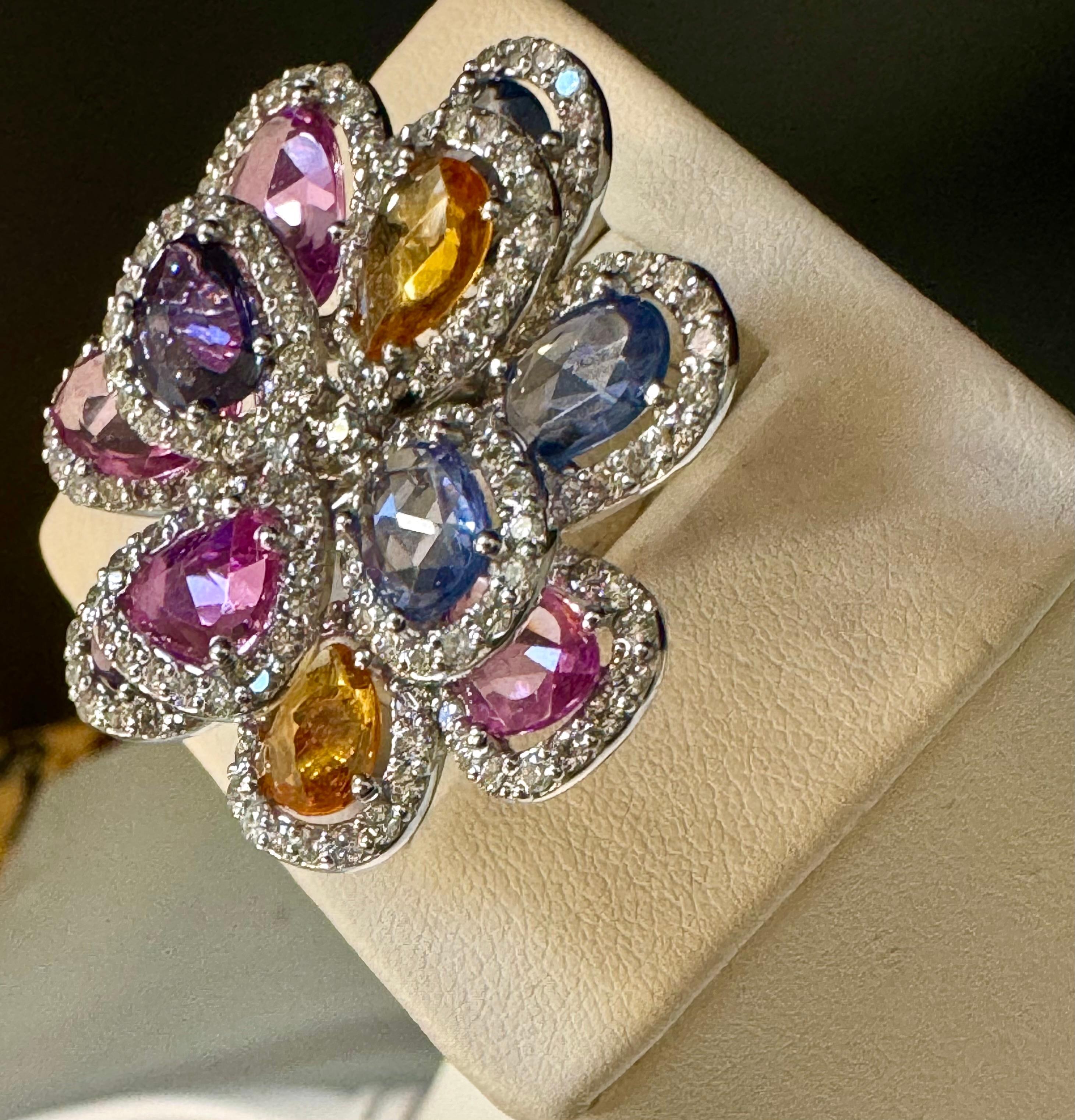 Oval Cut 11 Ct Fine Multi Sapphire & 3 Ct Diamond Cocktail Flower Ring in 18 Kt Gold  6.5 For Sale