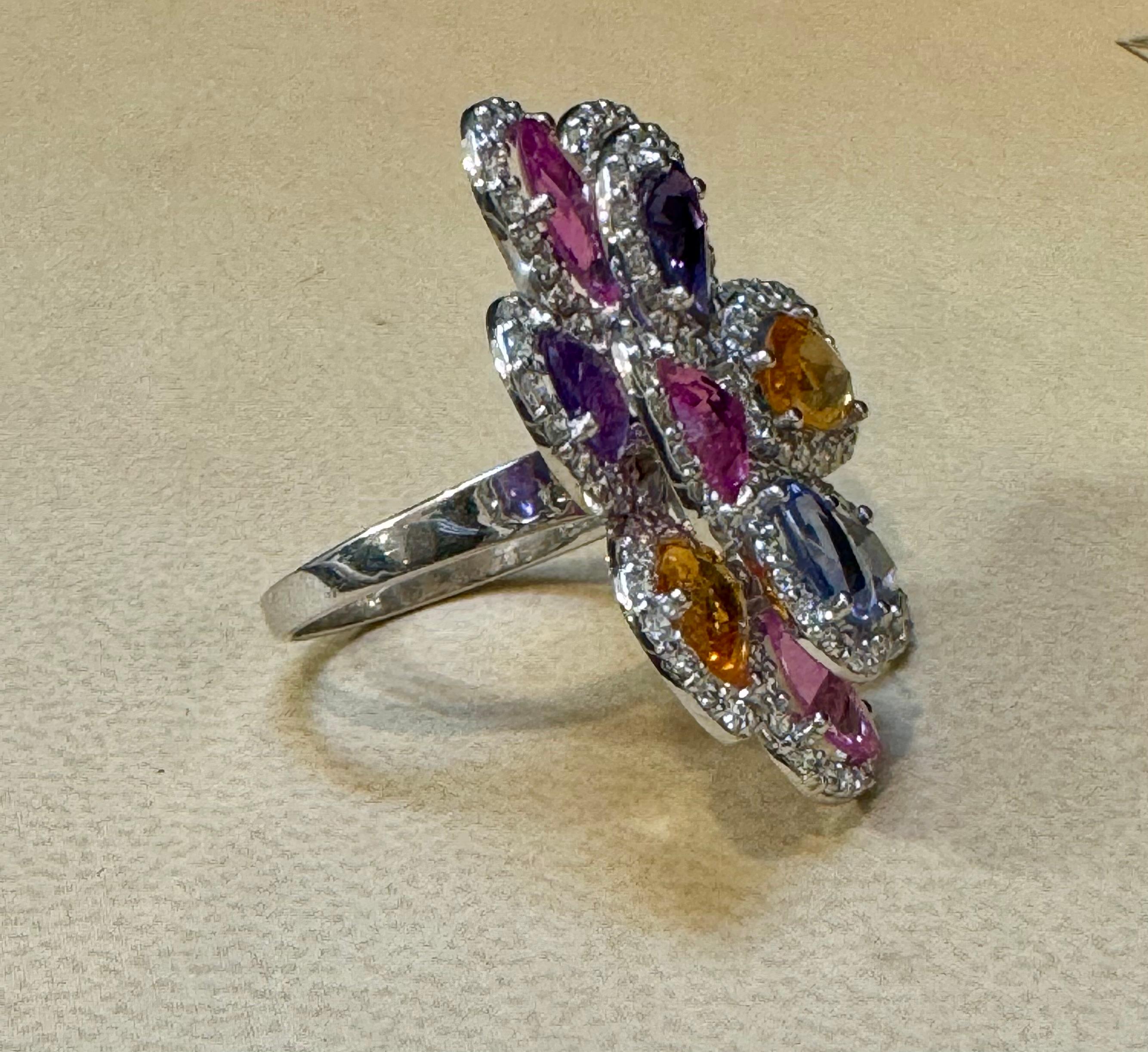 Women's 11 Ct Fine Multi Sapphire & 3 Ct Diamond Cocktail Flower Ring in 18 Kt Gold  6.5 For Sale