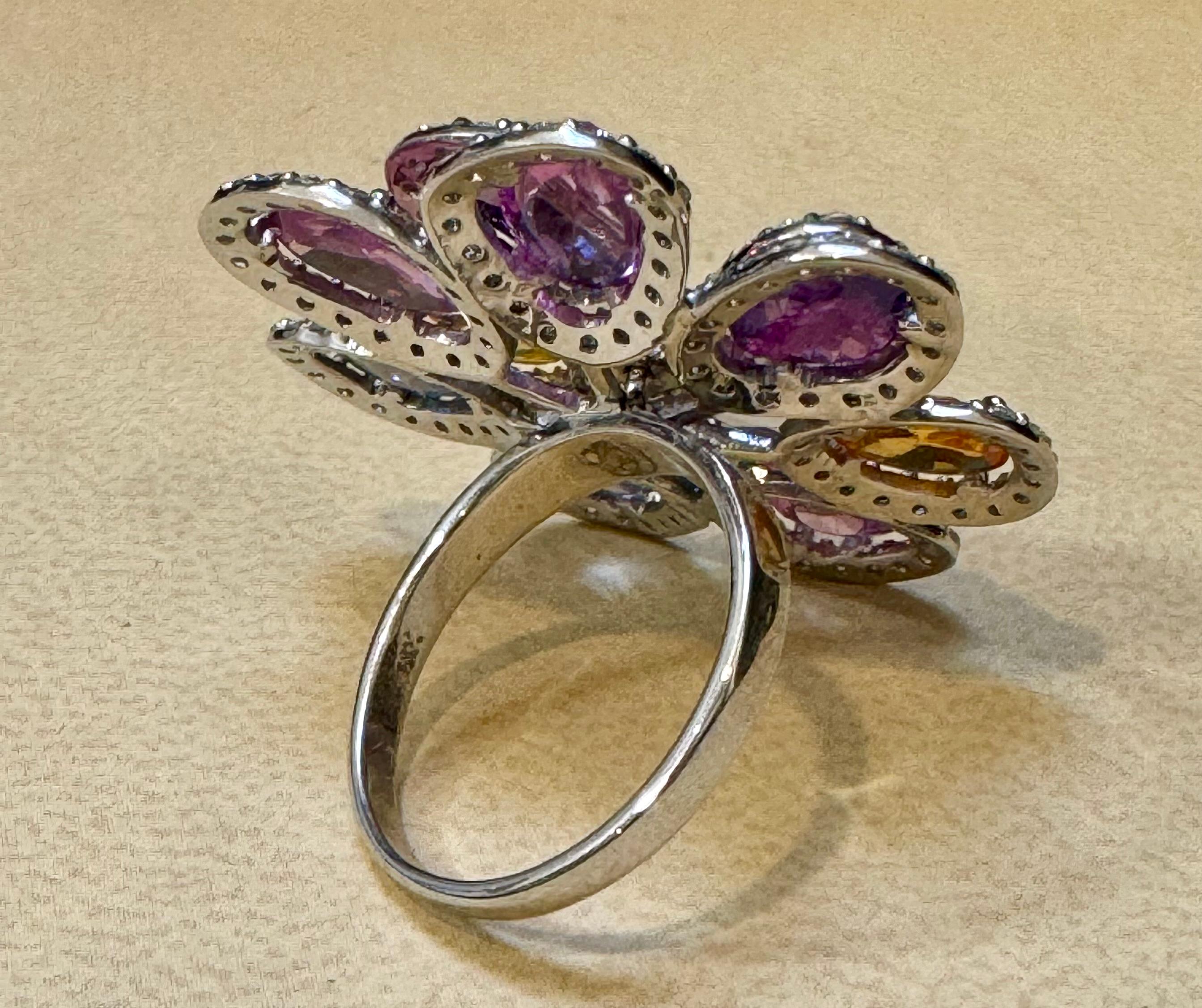 11 Ct Fine Multi Sapphire & 3 Ct Diamond Cocktail Flower Ring in 18 Kt Gold  6.5 For Sale 3