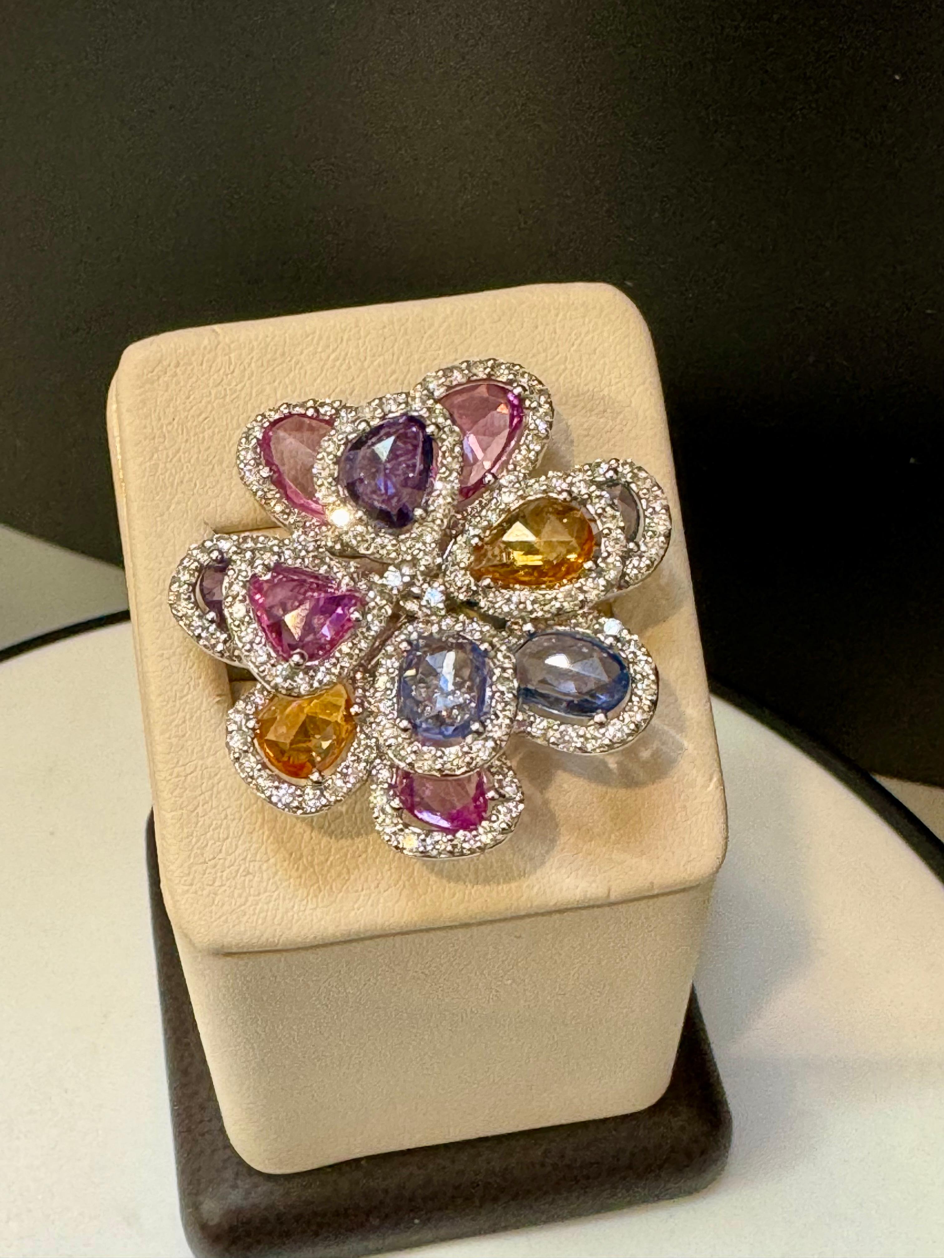 11 Ct Fine Multi Sapphire & 3 Ct Diamond Cocktail Flower Ring in 18 Kt Gold  6.5 For Sale 4