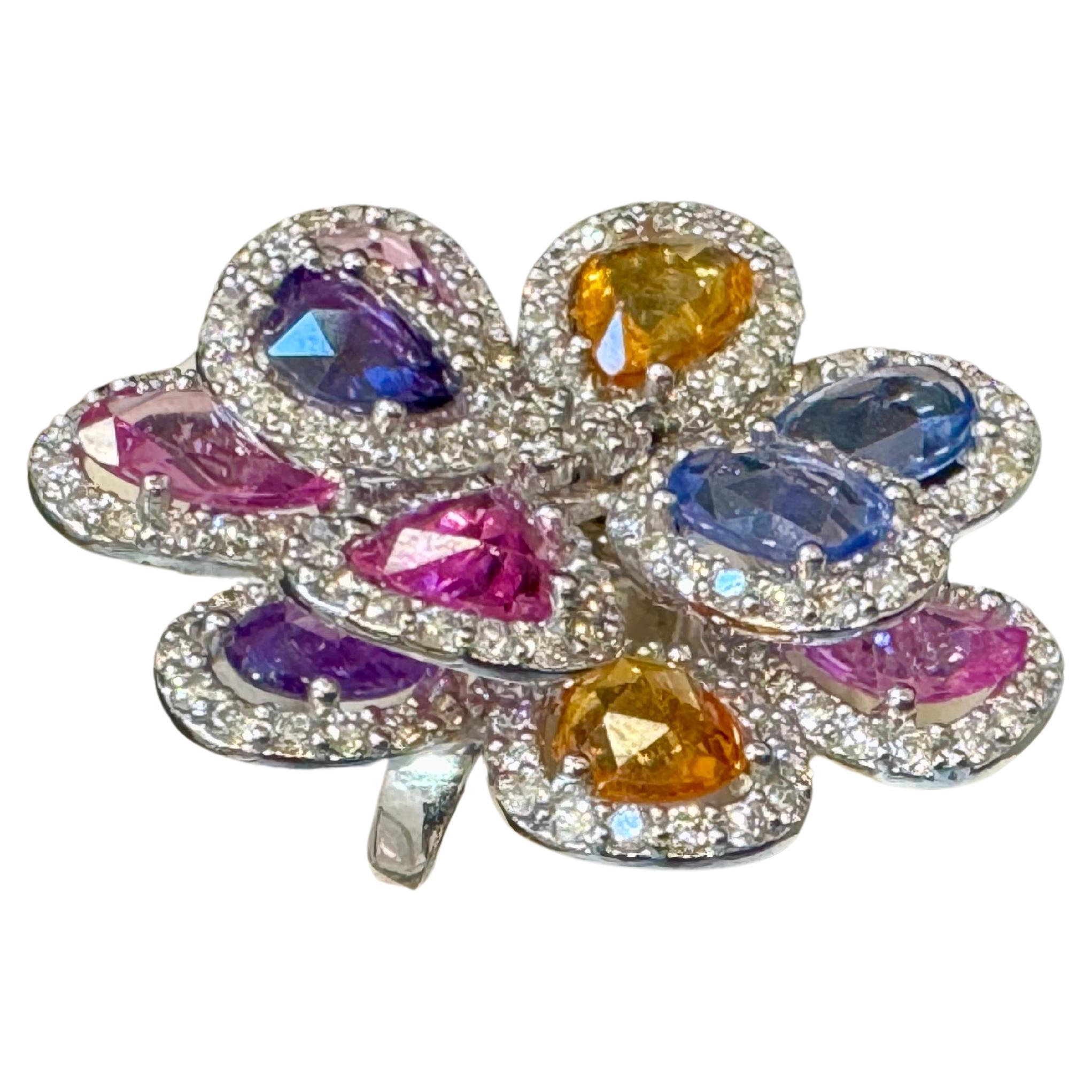 11 Ct Fine Multi Sapphire & 3 Ct Diamond Cocktail Flower Ring in 18 Kt Gold  6.5 For Sale