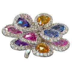 11 Ct Fine Multi Sapphire & 3 Ct Diamond Cocktail Flower Ring in 18 Kt Gold  6.5