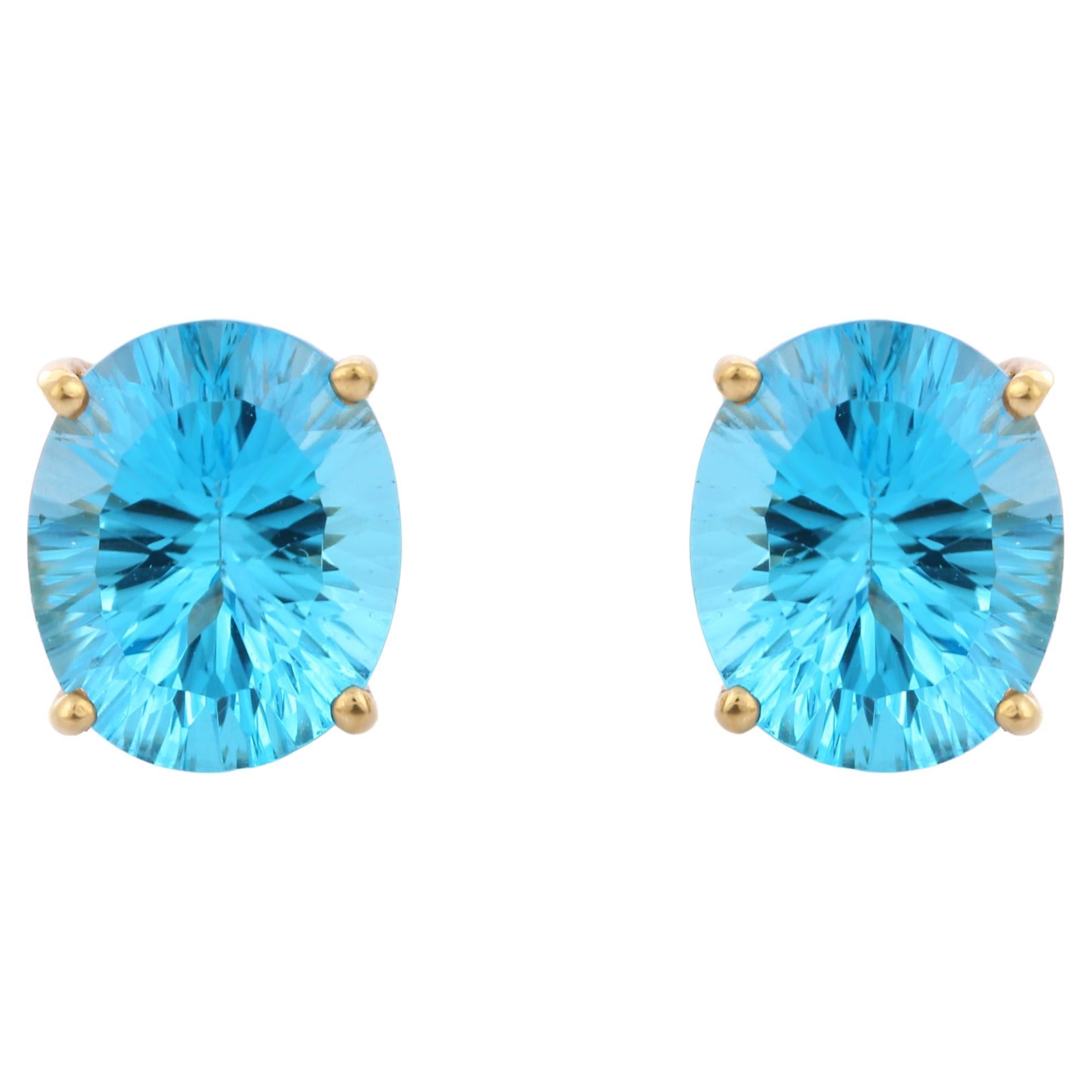 11 Ct Natural Blue Topaz Solitaire Stud Earrings Everyday Earrings in 10K Gold For Sale