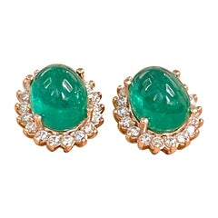 11 Ct Natural Emerald Zambia Cabochon & Diamond Stud Earring 14 Karat Rose Gold