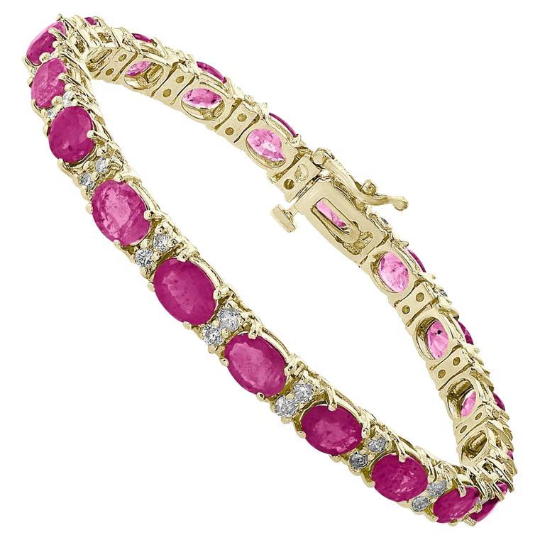 Bracelet tennis en or jaune 14 carats avec rubis ovales 11 carats et diamants