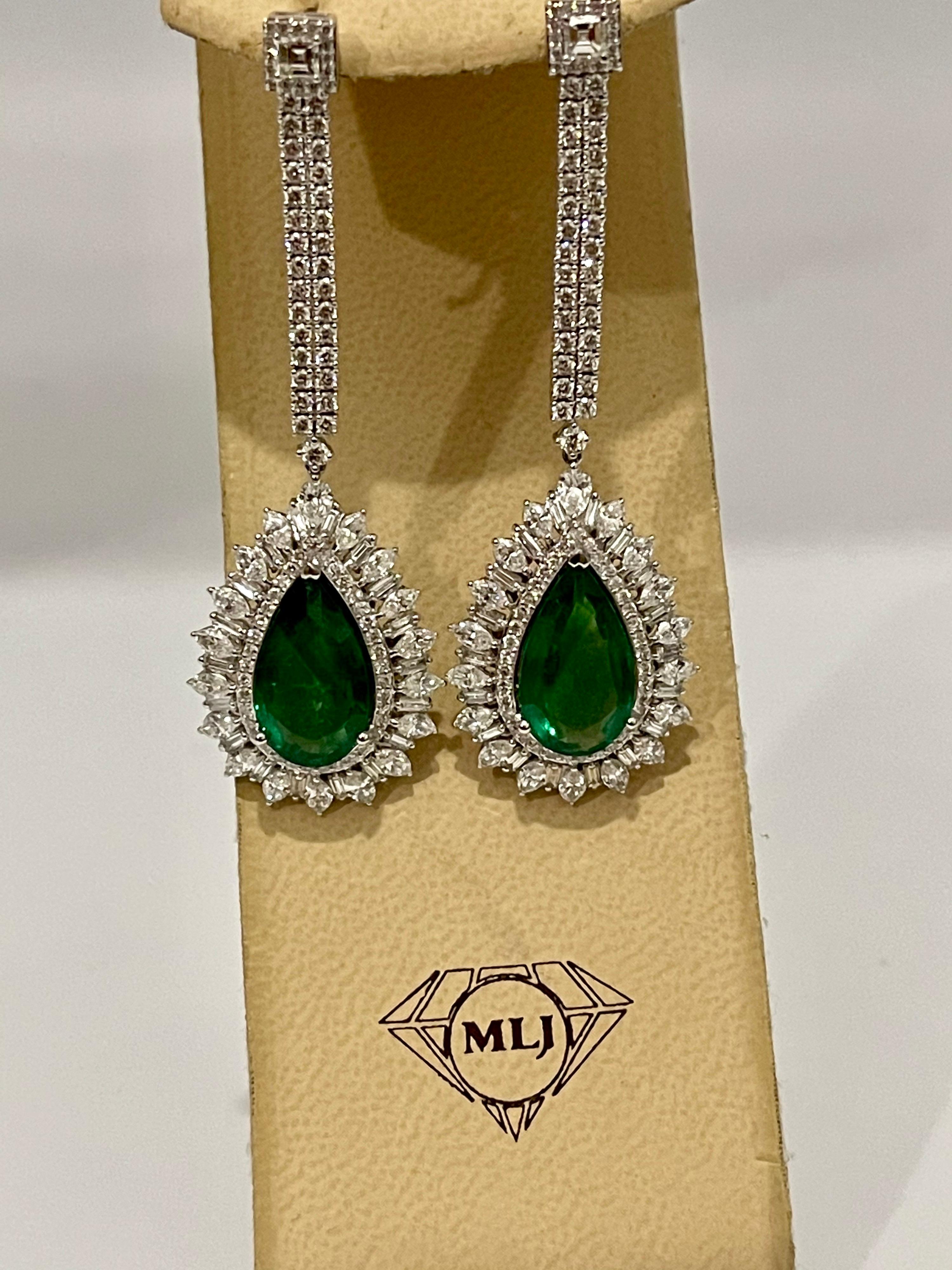 11 Ct Pear Shape Zambian Emerald & 6 Ct Diamonds Drop Earrings 18K White Gold 5