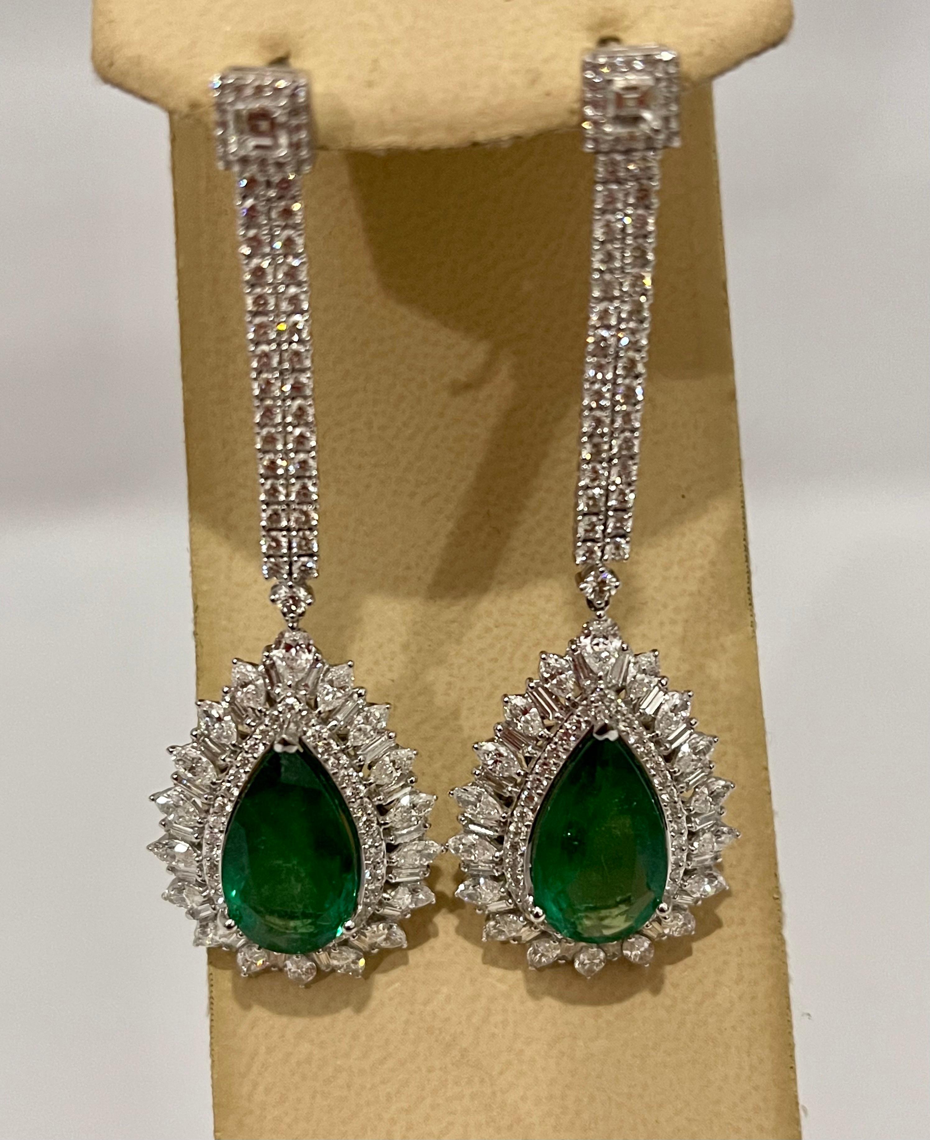 11 Ct Pear Shape Zambian Emerald & 6 Ct Diamonds Drop Earrings 18K White Gold 6