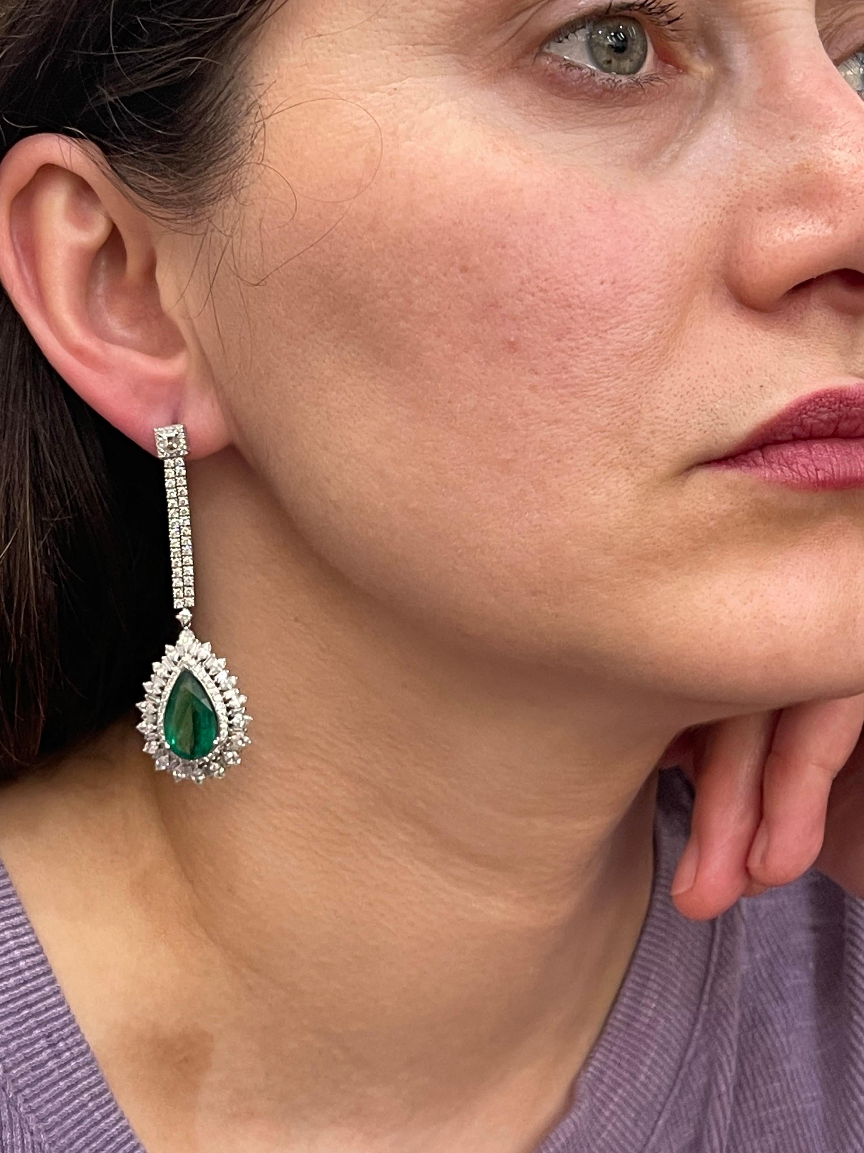 11 Ct Pear Shape Zambian Emerald & 6 Ct Diamonds Drop Earrings 18K White Gold 11