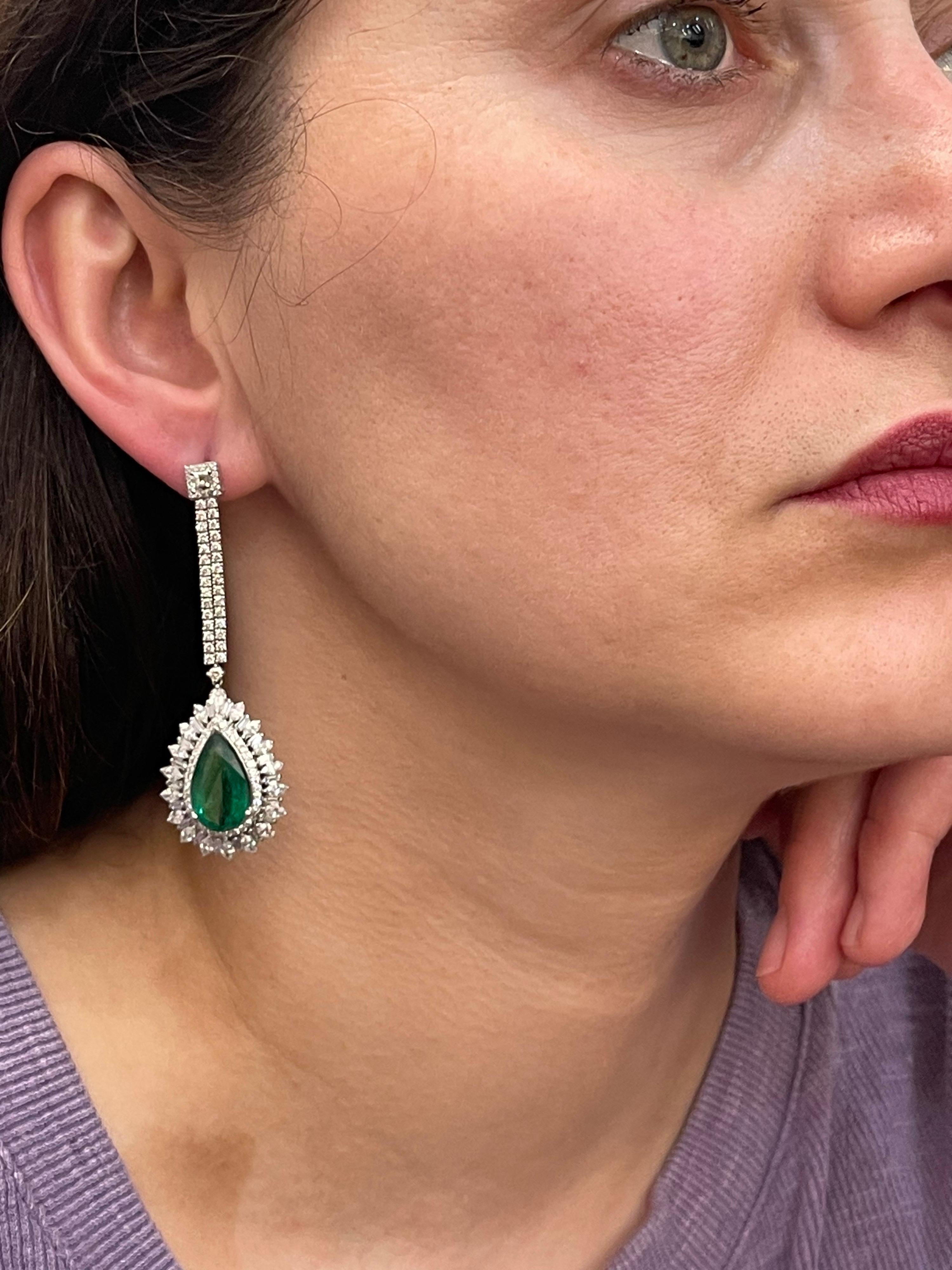 11 Ct Pear Shape Zambian Emerald & 6 Ct Diamonds Drop Earrings 18K White Gold 12