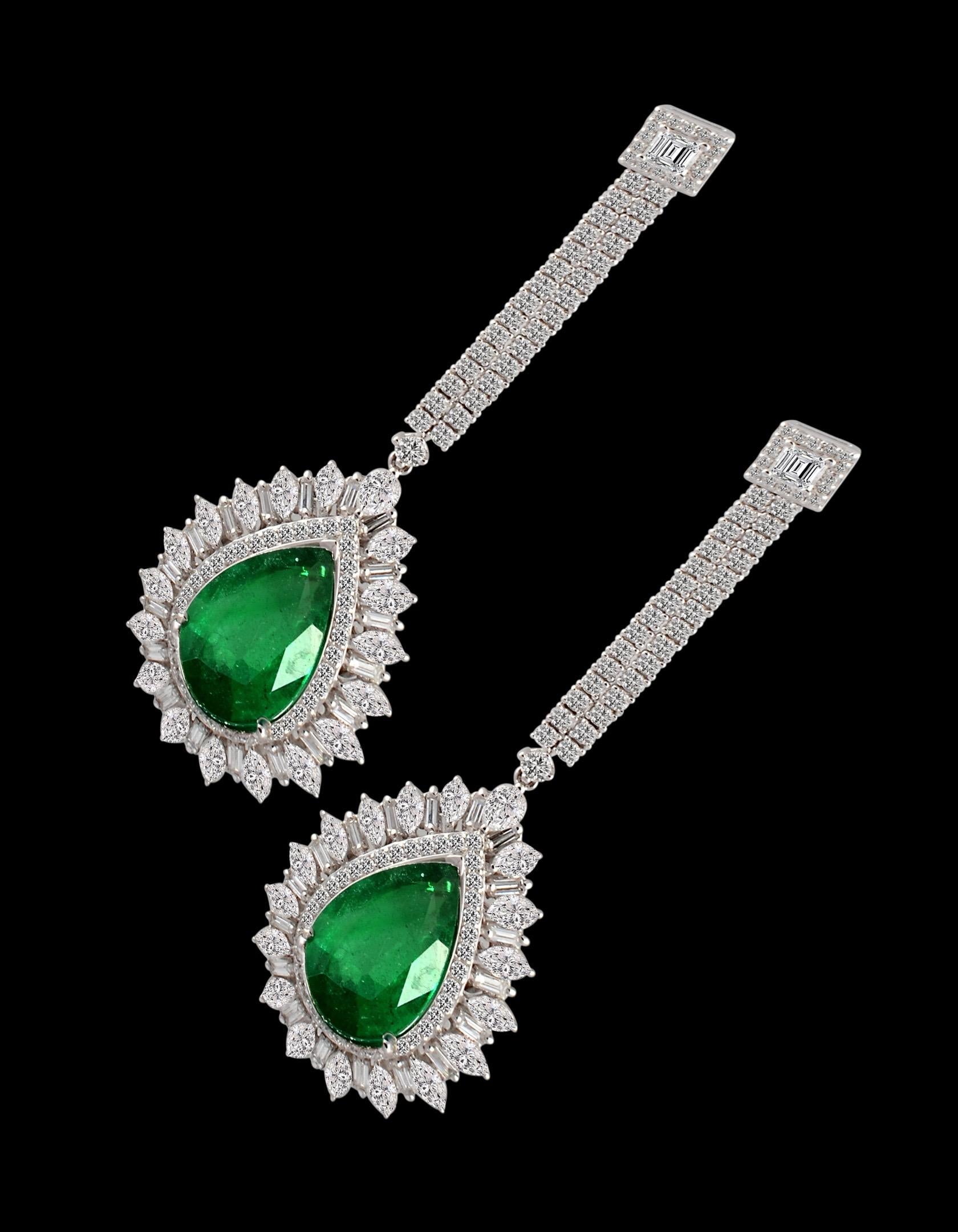 11 Ct Pear Shape Zambian Emerald & 6 Ct Diamonds Drop Earrings 18K White Gold 13