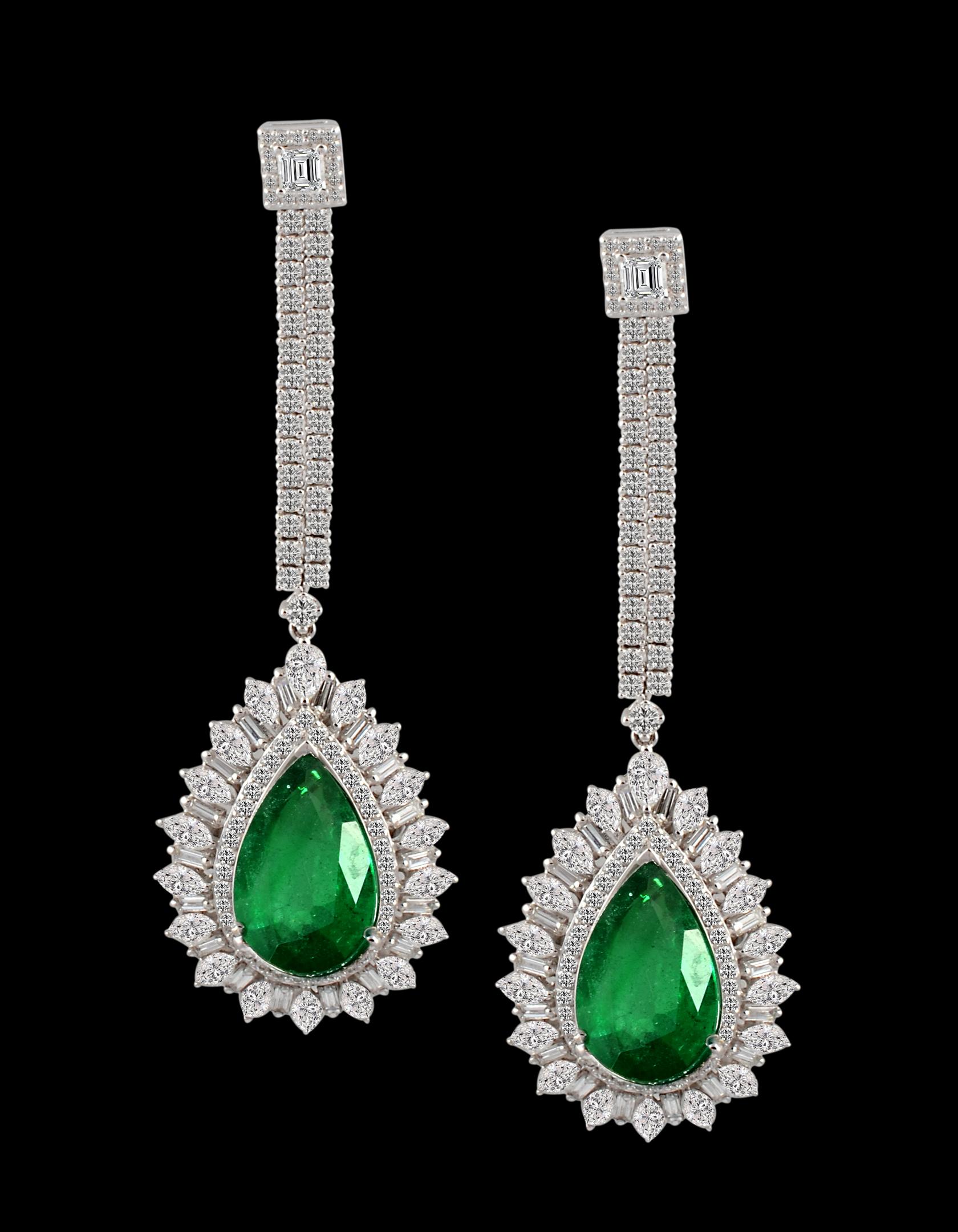 Pear Cut 11 Ct Pear Shape Zambian Emerald & 6 Ct Diamonds Drop Earrings 18K White Gold