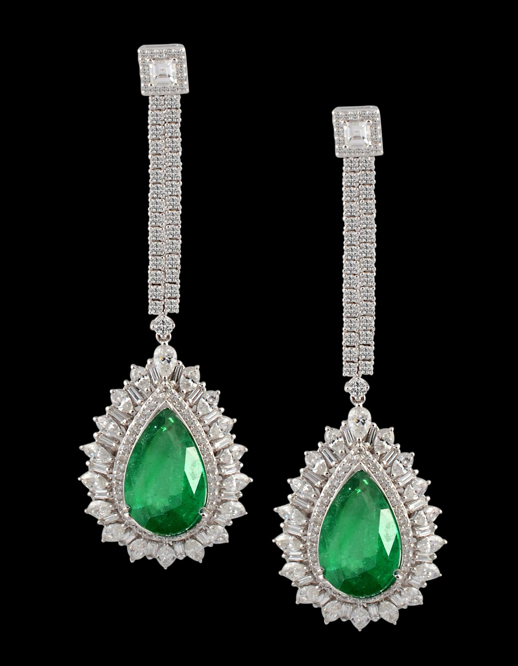 11 Ct Pear Shape Zambian Emerald & 6 Ct Diamonds Drop Earrings 18K White Gold 1