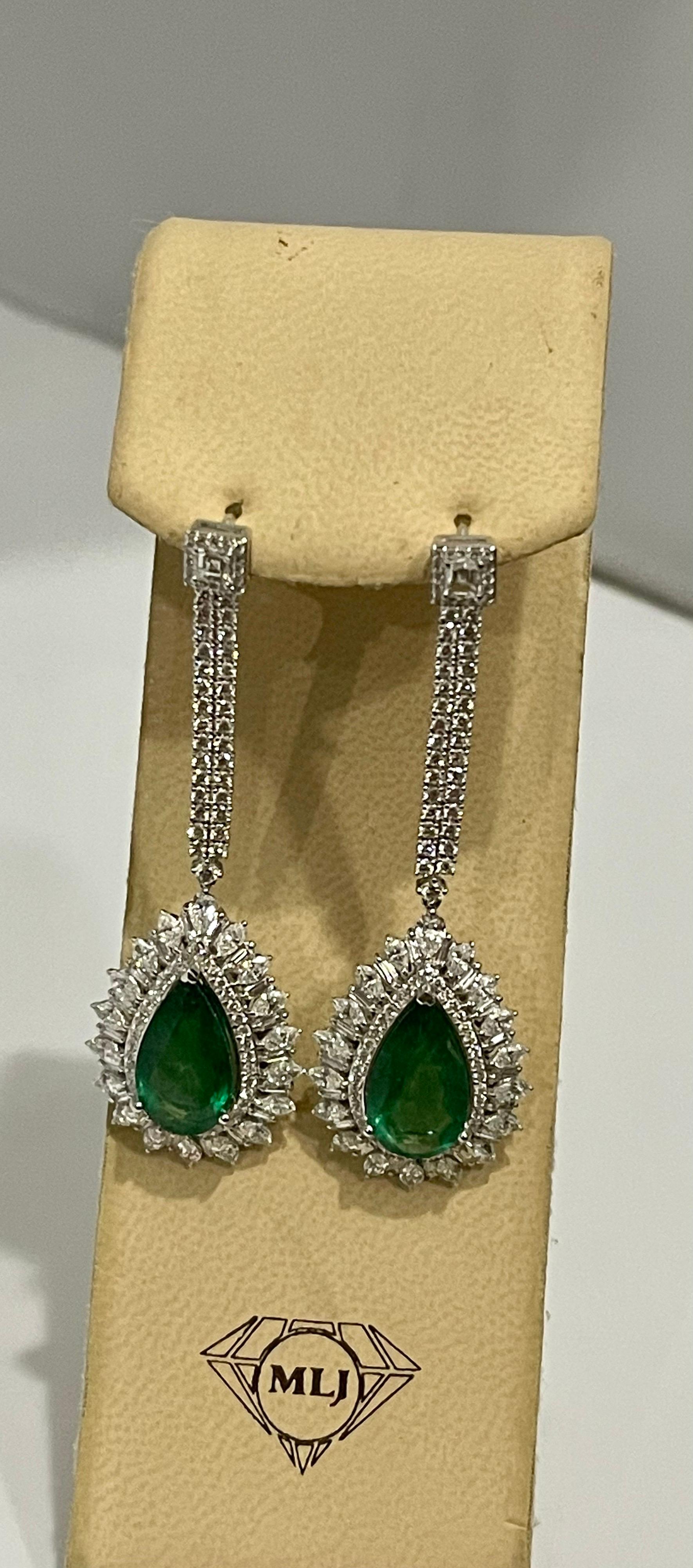 11 Ct Pear Shape Zambian Emerald & 6 Ct Diamonds Drop Earrings 18K White Gold 4
