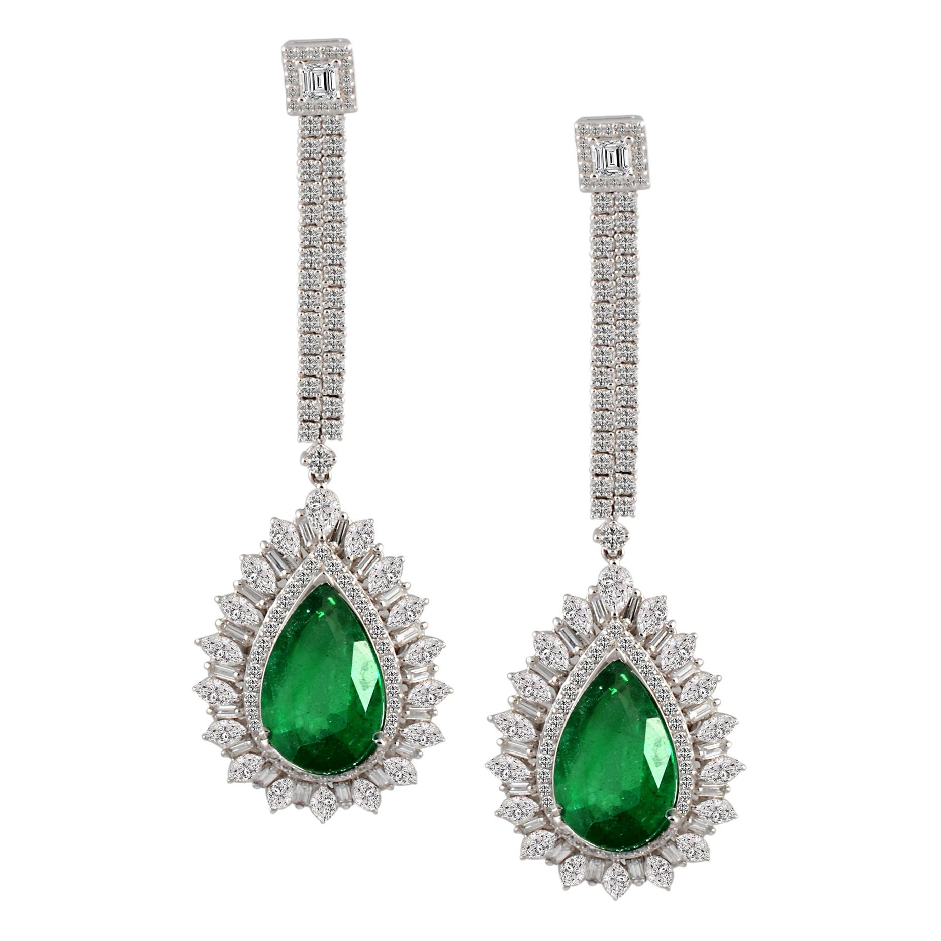 11 Ct Pear Shape Zambian Emerald & 6 Ct Diamonds Drop Earrings 18K White Gold