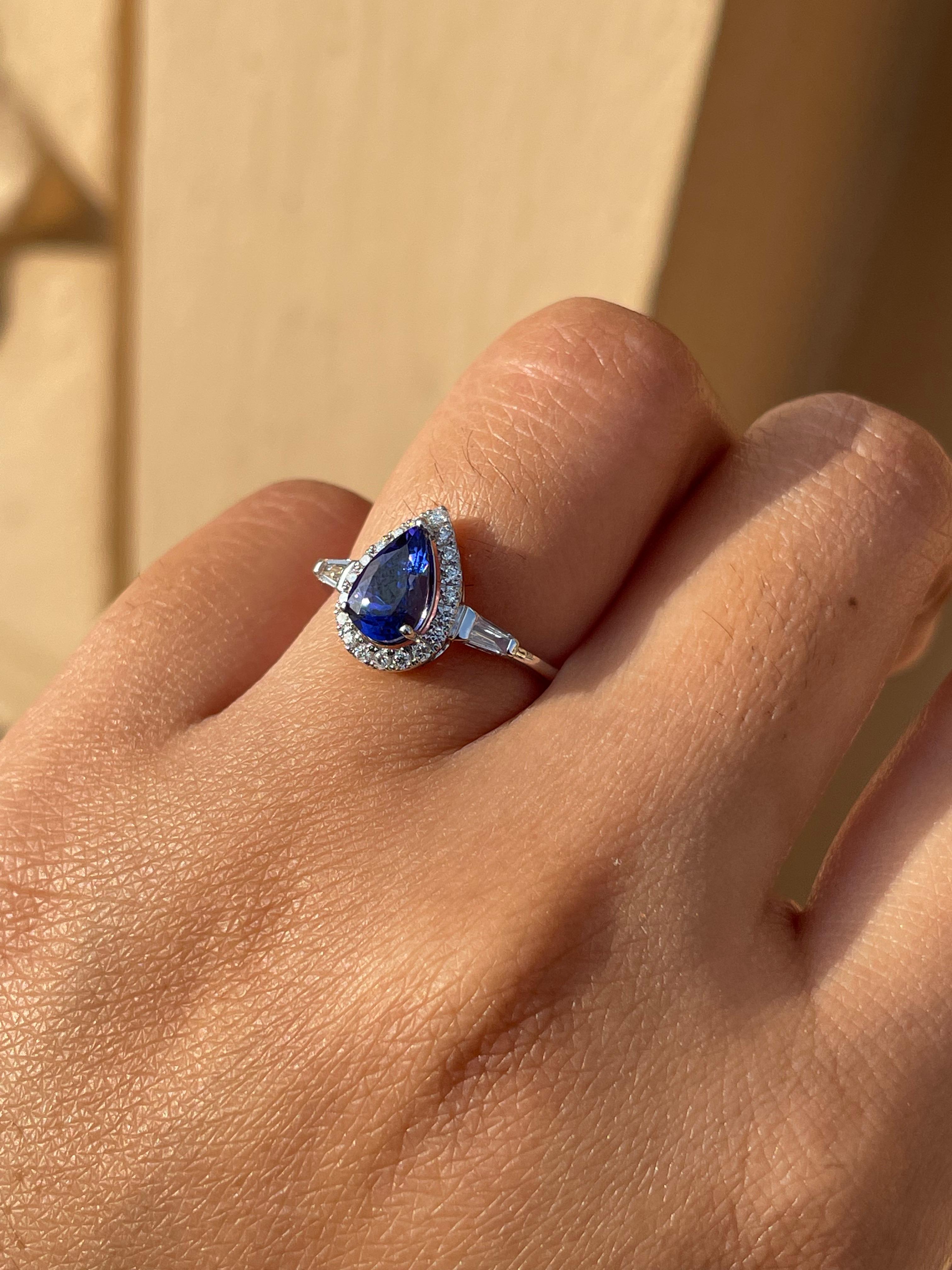 For Sale:  1.1 CTW Pear Shaped Tanzanite and Diamond Ring in 18k Solid White Gold 10