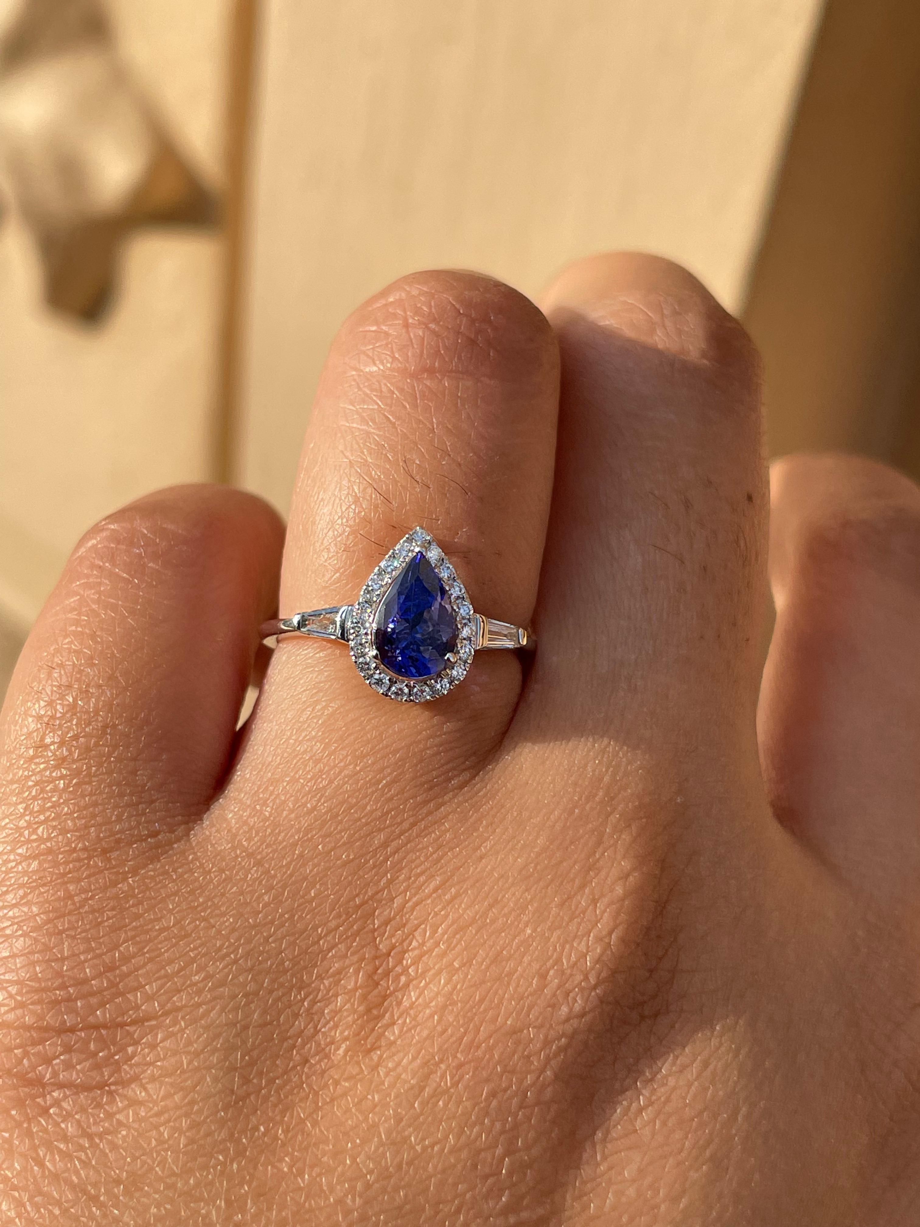 For Sale:  1.1 CTW Pear Shaped Tanzanite and Diamond Ring in 18k Solid White Gold 11