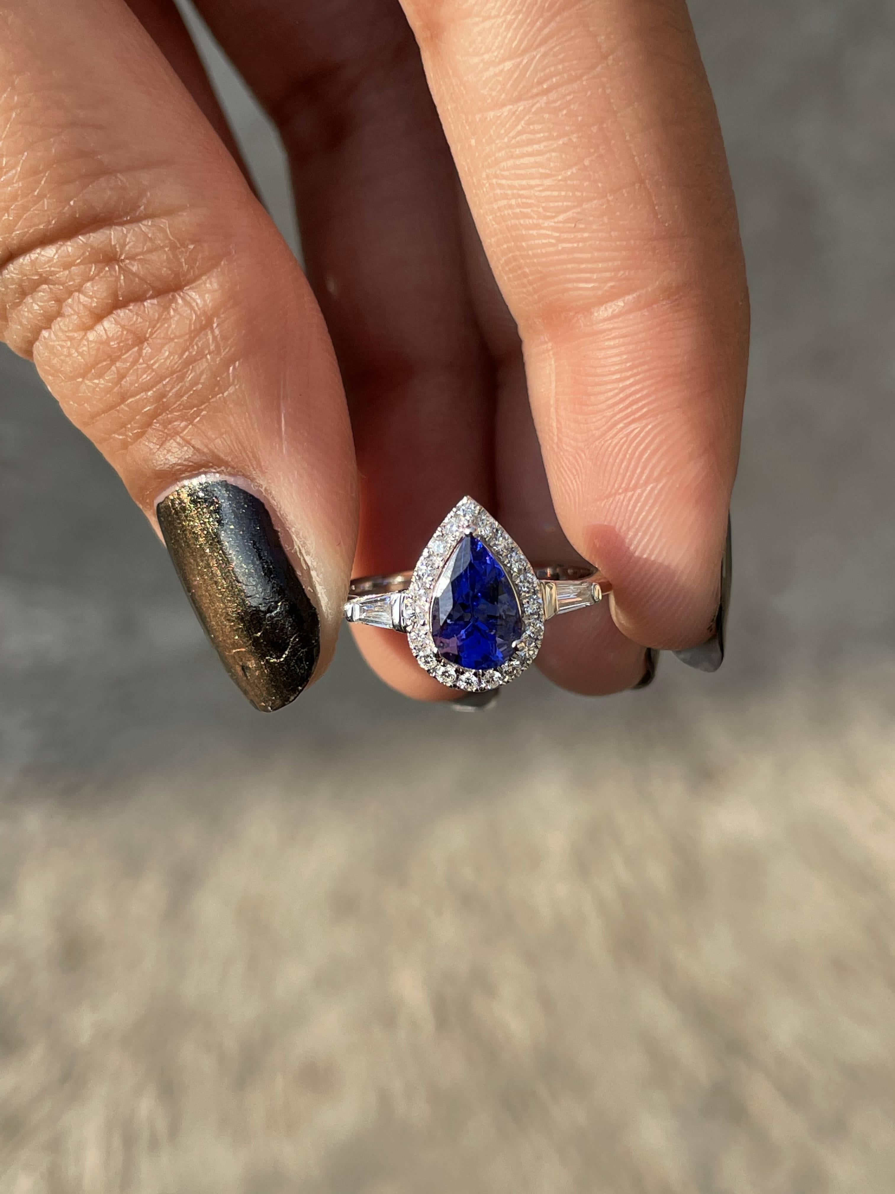 For Sale:  1.1 CTW Pear Shaped Tanzanite and Diamond Ring in 18k Solid White Gold 12