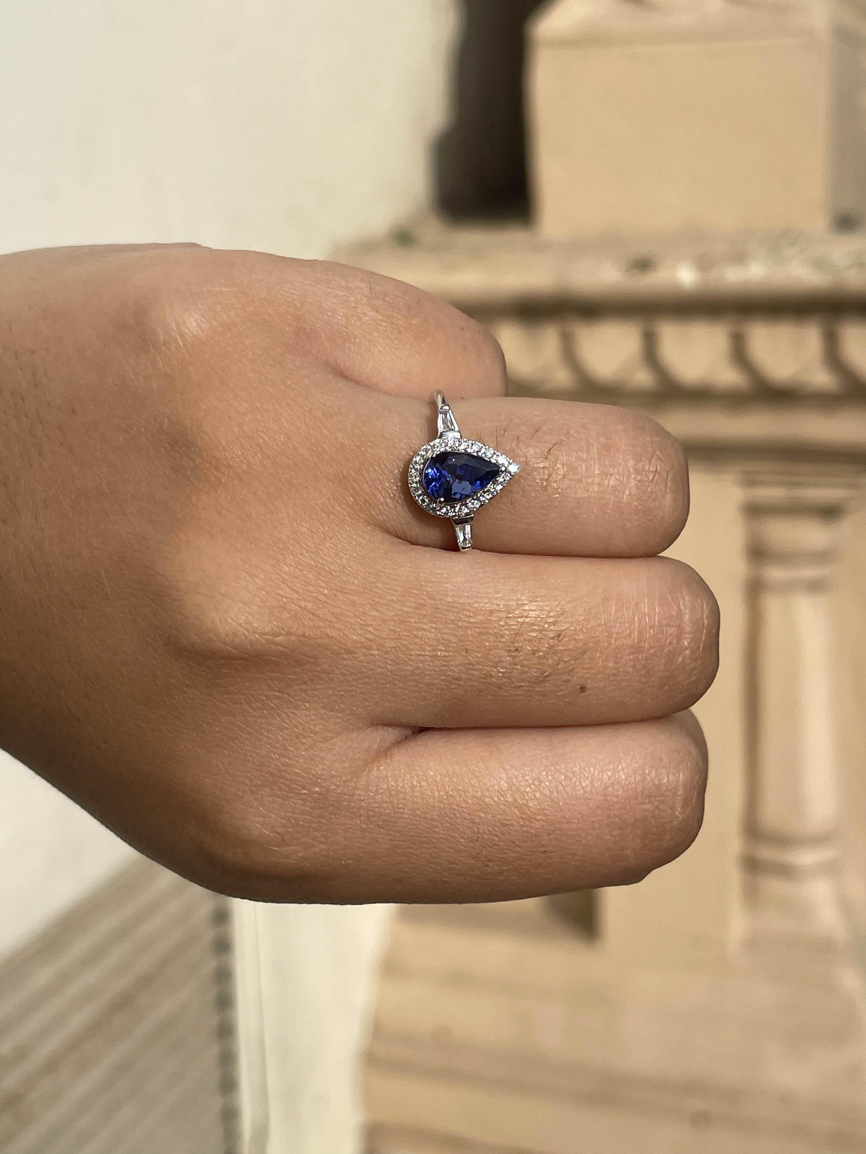 For Sale:  1.1 CTW Pear Shaped Tanzanite and Diamond Ring in 18k Solid White Gold 13