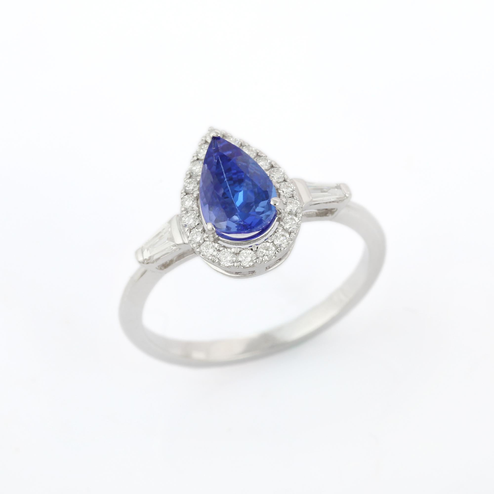 For Sale:  1.1 CTW Pear Shaped Tanzanite and Diamond Ring in 18k Solid White Gold 4