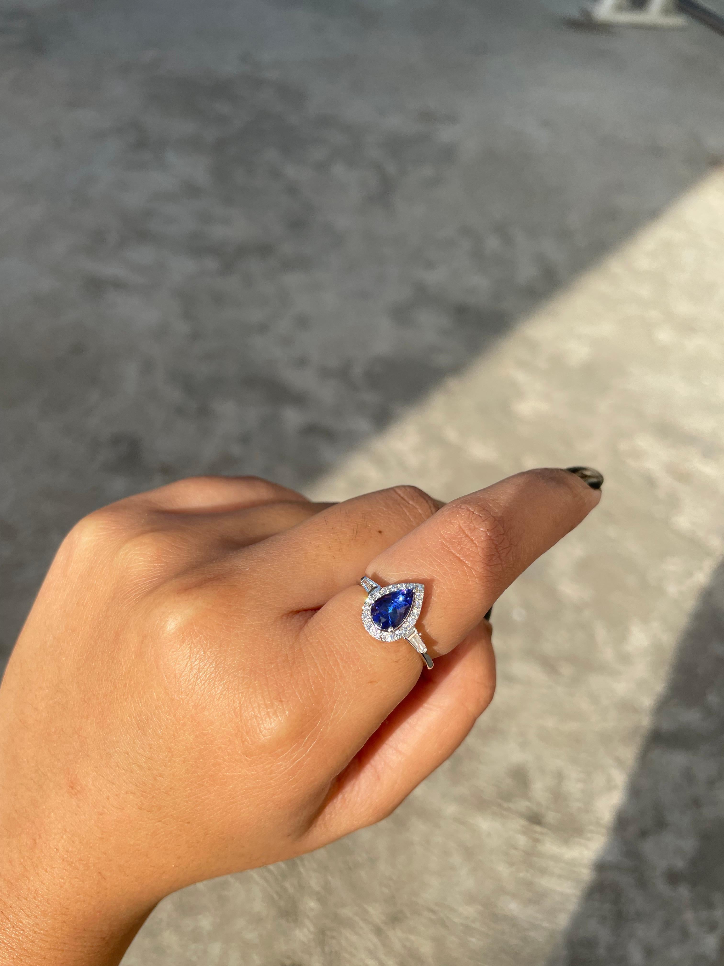 For Sale:  1.1 CTW Pear Shaped Tanzanite and Diamond Ring in 18k Solid White Gold 7