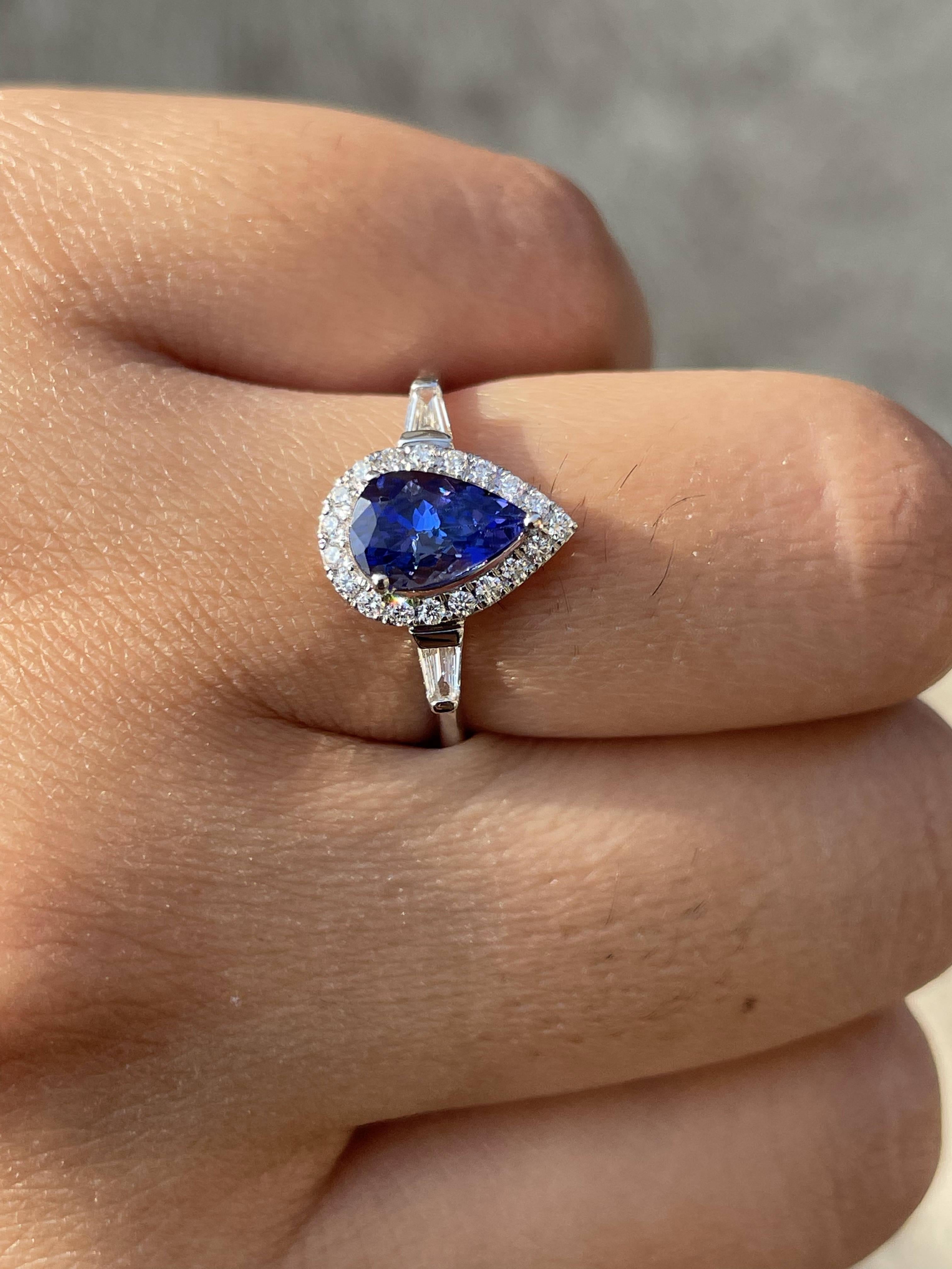 For Sale:  1.1 CTW Pear Shaped Tanzanite and Diamond Ring in 18k Solid White Gold 8