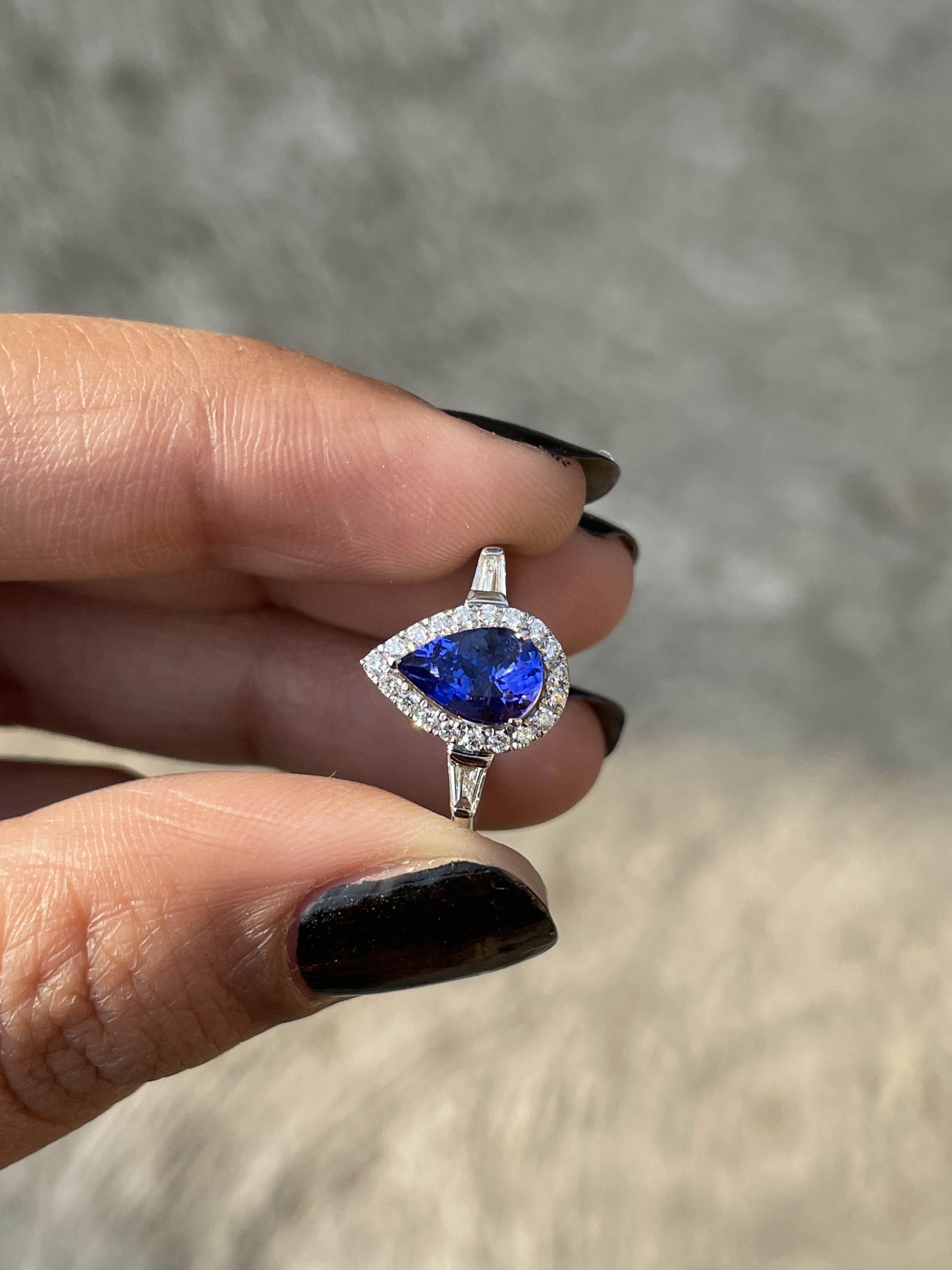 For Sale:  1.1 CTW Pear Shaped Tanzanite and Diamond Ring in 18k Solid White Gold 9