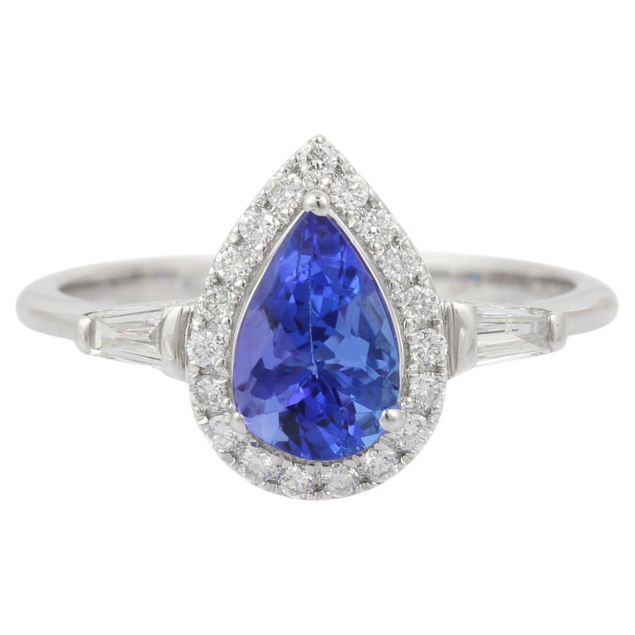 Bague en or blanc massif 18 carats avec tanzanite en forme de poire de 1,1 carat et diamants