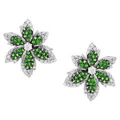 1.1 cts of Tsavorite and 0.95 cts of white diamond floral stud earrings