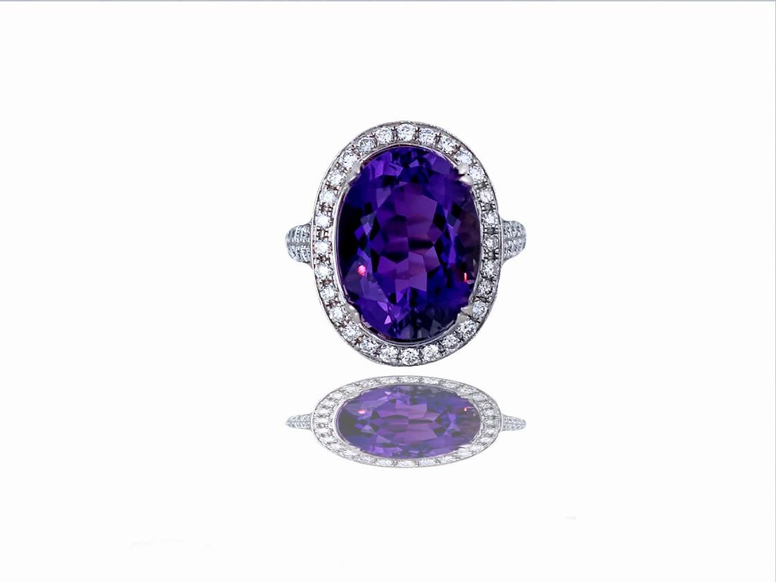 Oval Cut Vibrant, Halo 11 Carat Amethyst with 1.50 Ct Diamond Ring For Sale