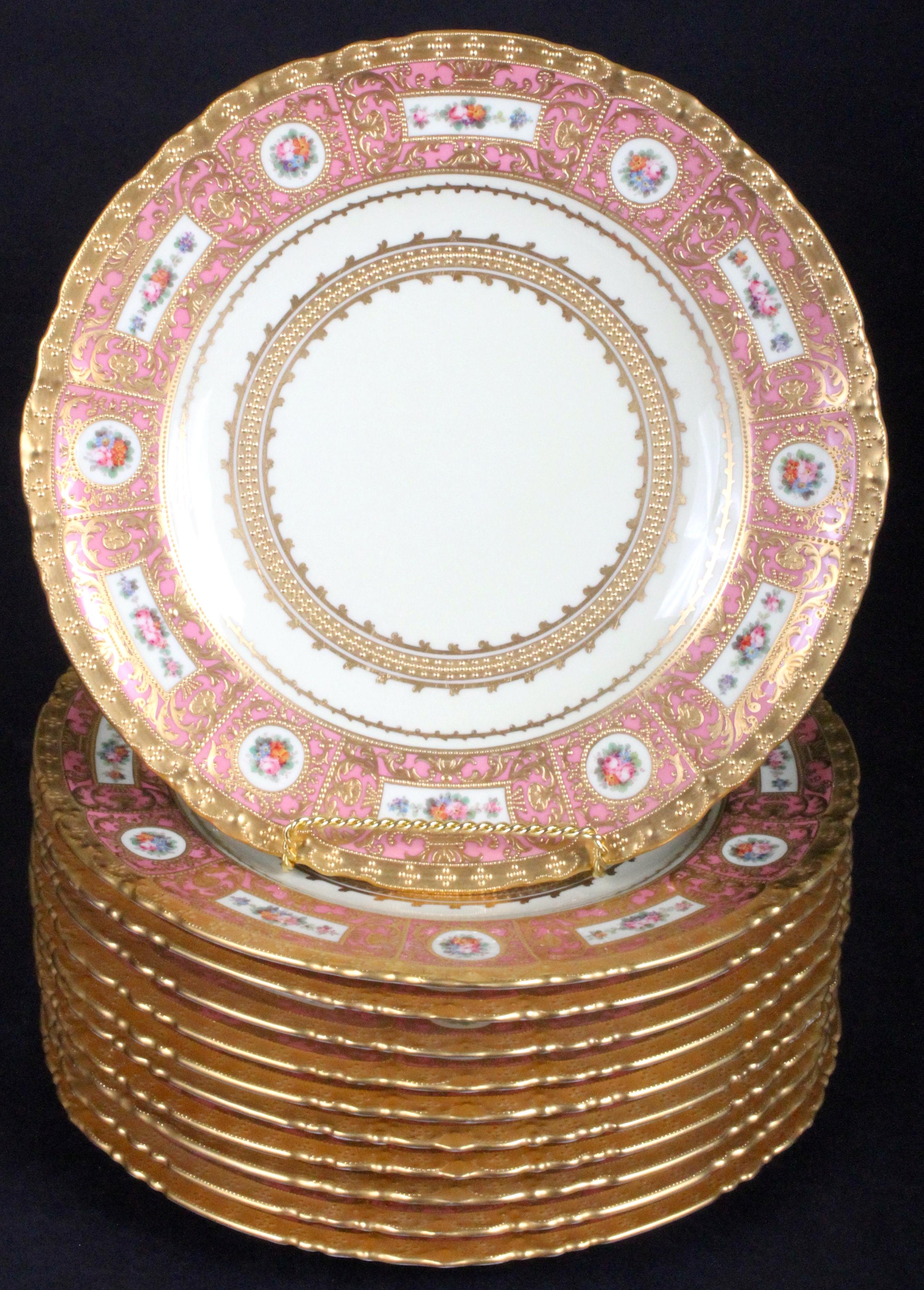 Neoclassical 11 Derby for Tiffany Hand Painted and Gilded Pink Service Plates For Sale