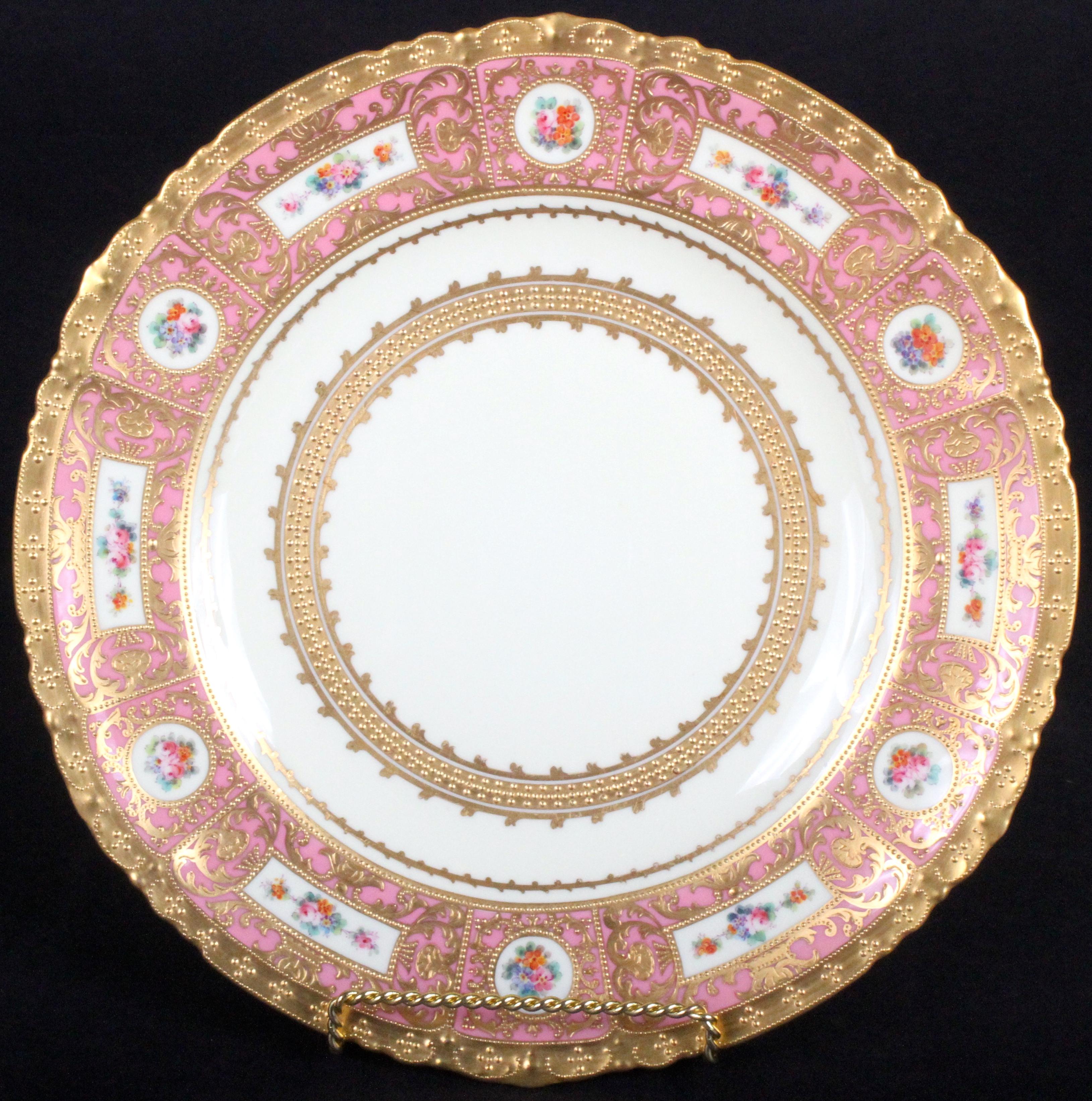 11 Derby for Tiffany Hand Painted and Gilded Pink Service Plates (Englisch) im Angebot