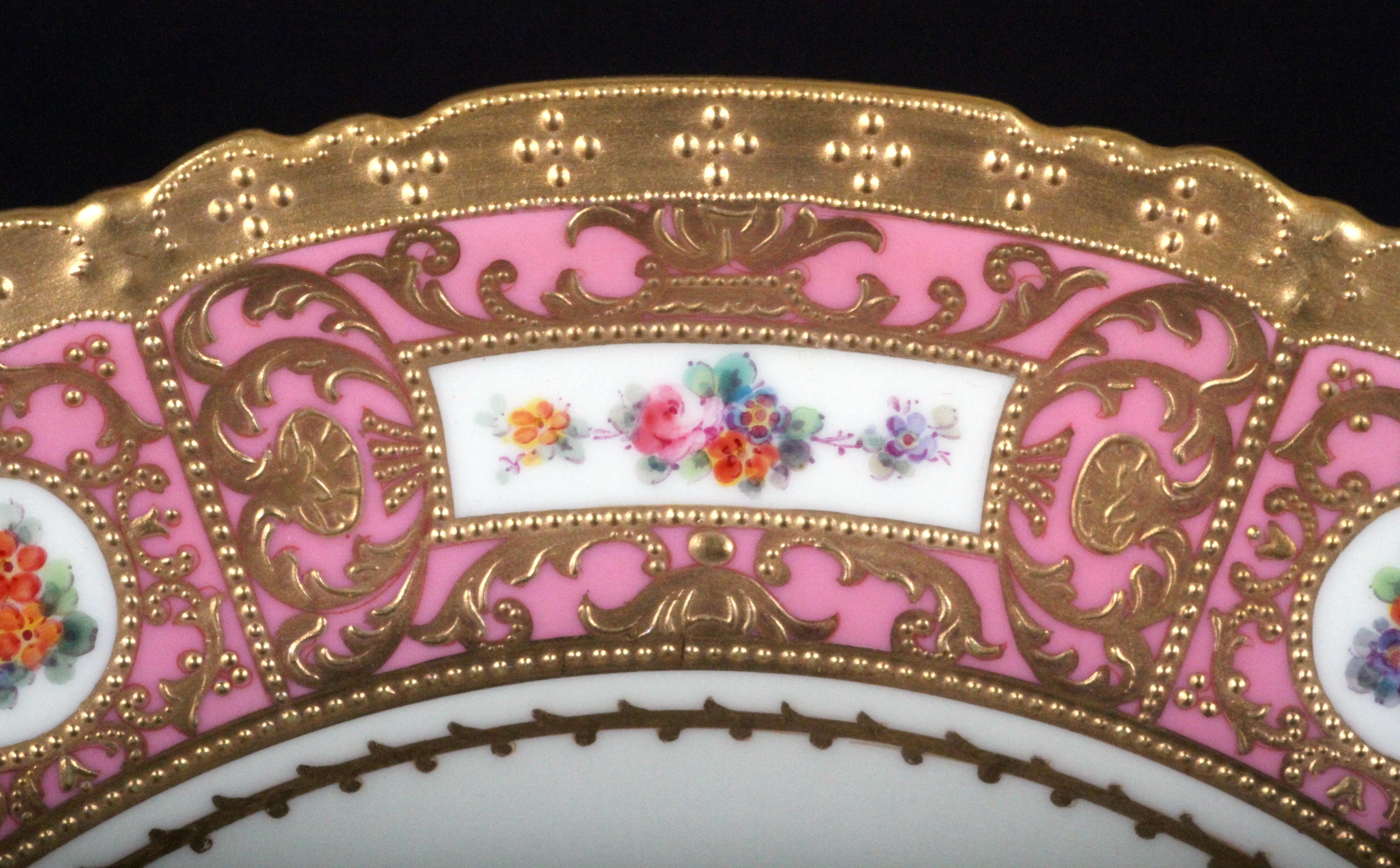 11 Derby for Tiffany Hand Painted and Gilded Pink Service Plates In Excellent Condition For Sale In New York, NY