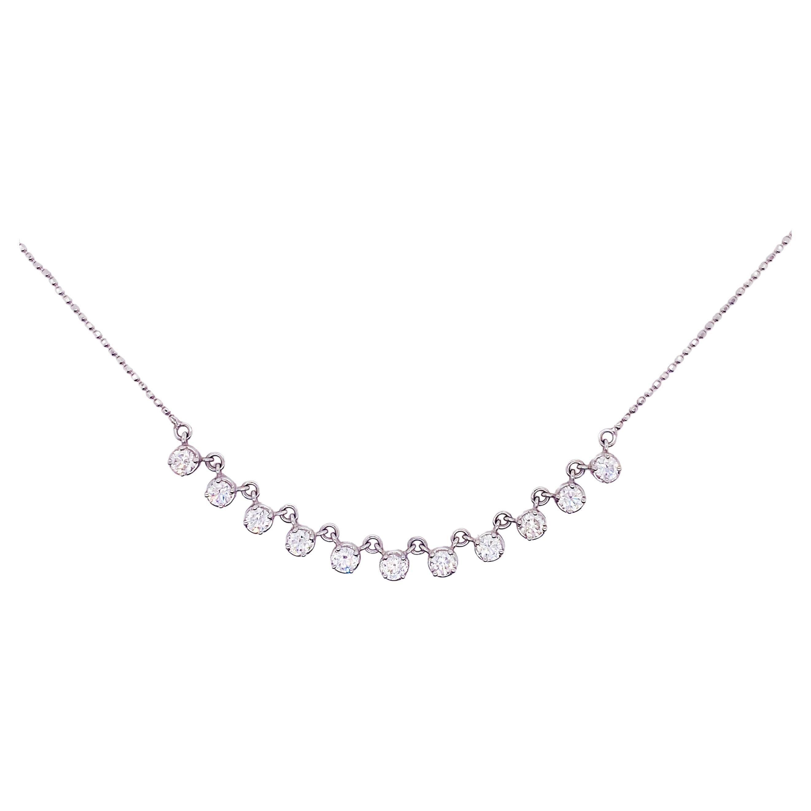 Fancy Link Diamond 0.88Carat Necklace 14K White Gold Beaded Chain Riviera Tennis