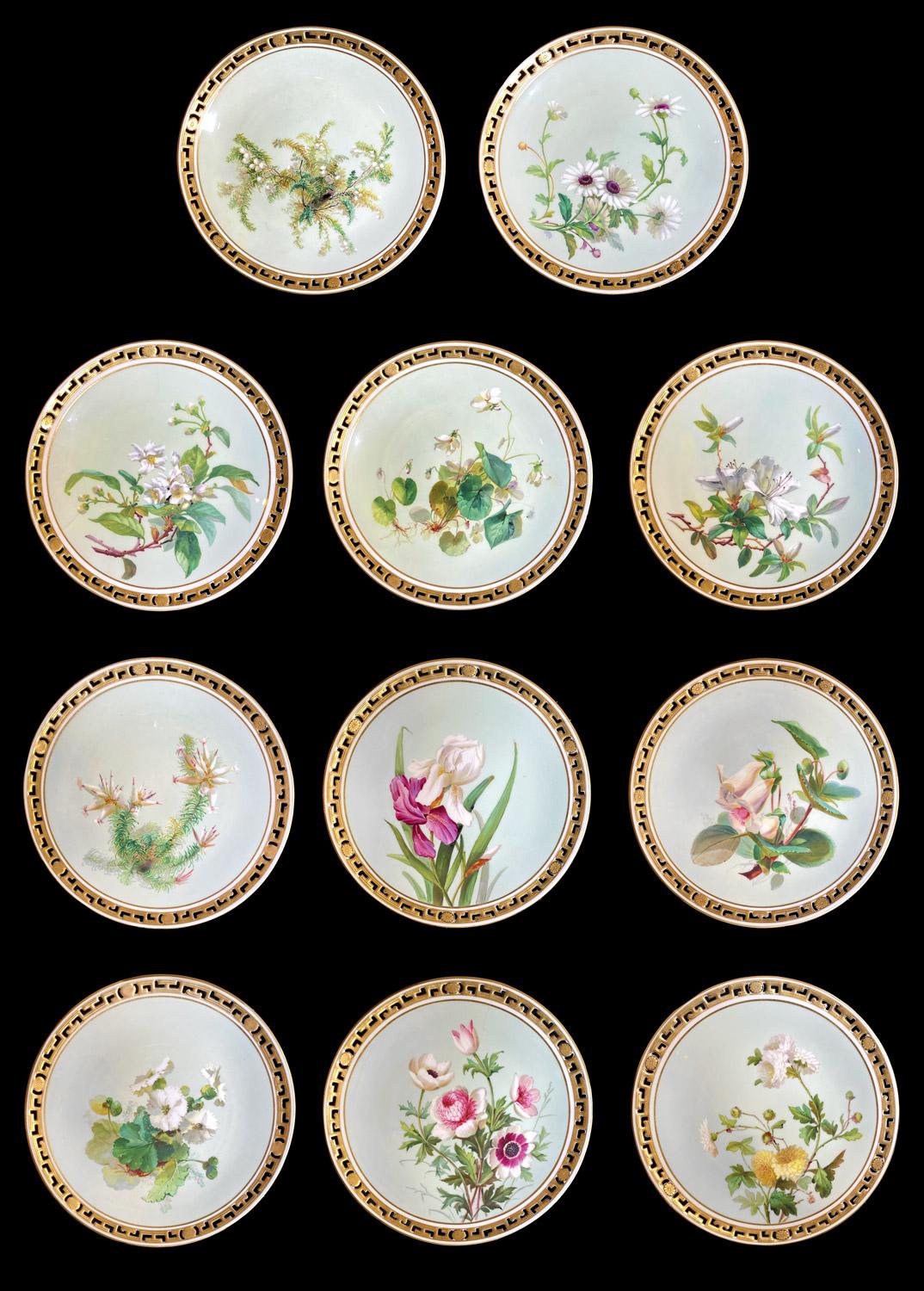 11 Speiseteller Blumen und Gold:: Minton Porzellan:: 1874-1884 (Englisch) im Angebot