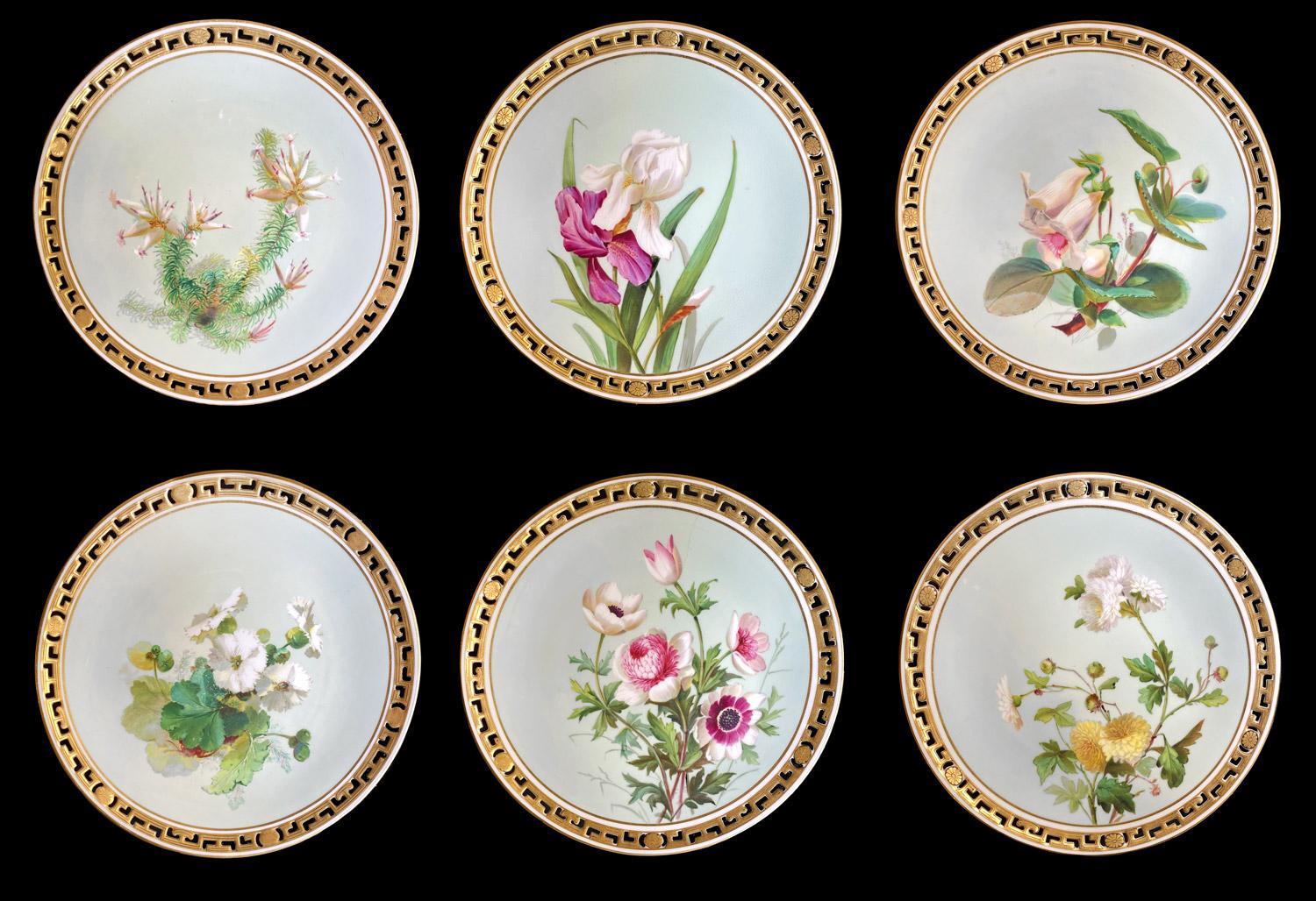 11 Speiseteller Blumen und Gold:: Minton Porzellan:: 1874-1884 im Zustand „Gut“ im Angebot in Paris, FR