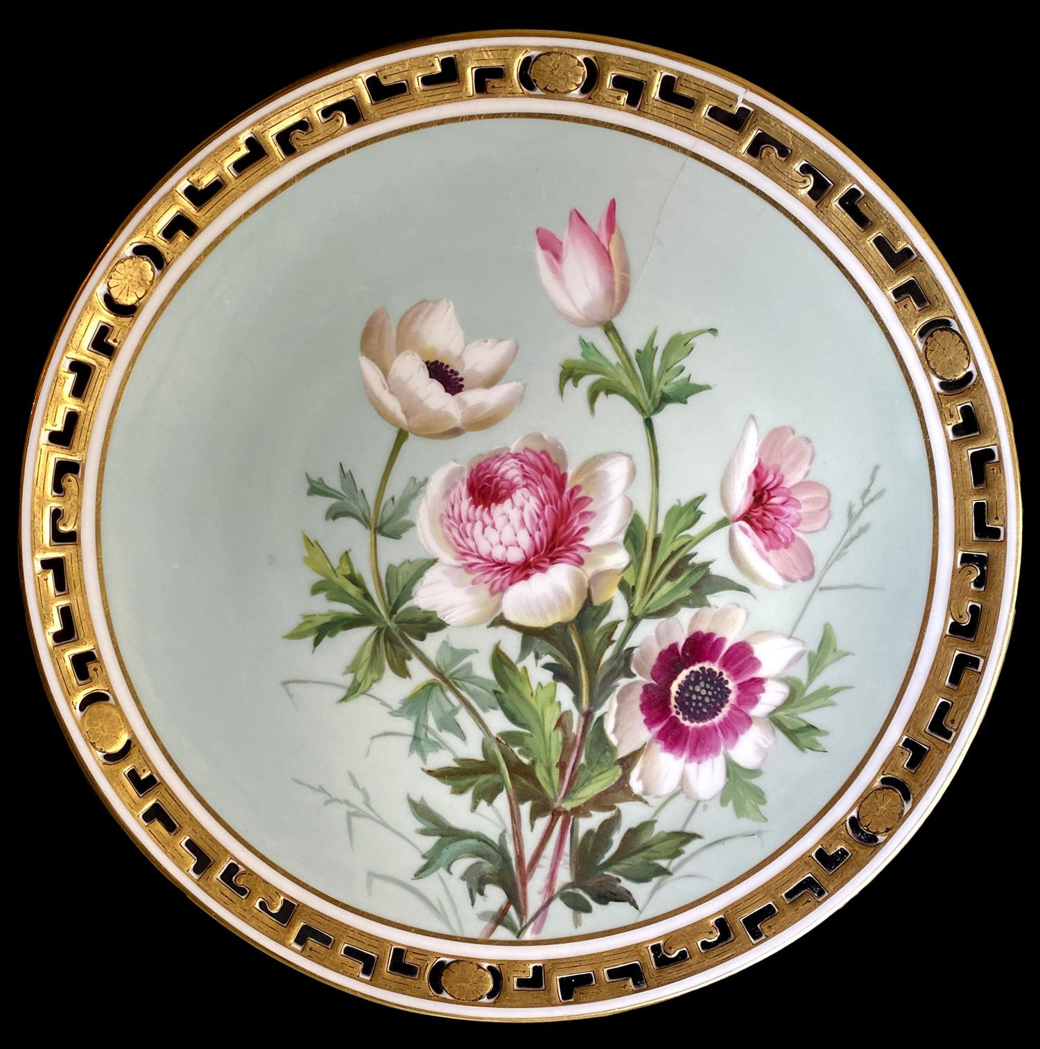 English 11 Dinner Plates Flowers and Gold, Minton Porcelain, 1874-1884