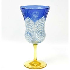 11 Durand Peacock Pulled Feather Etched Roses Glass Wine Glasses, circa 1900