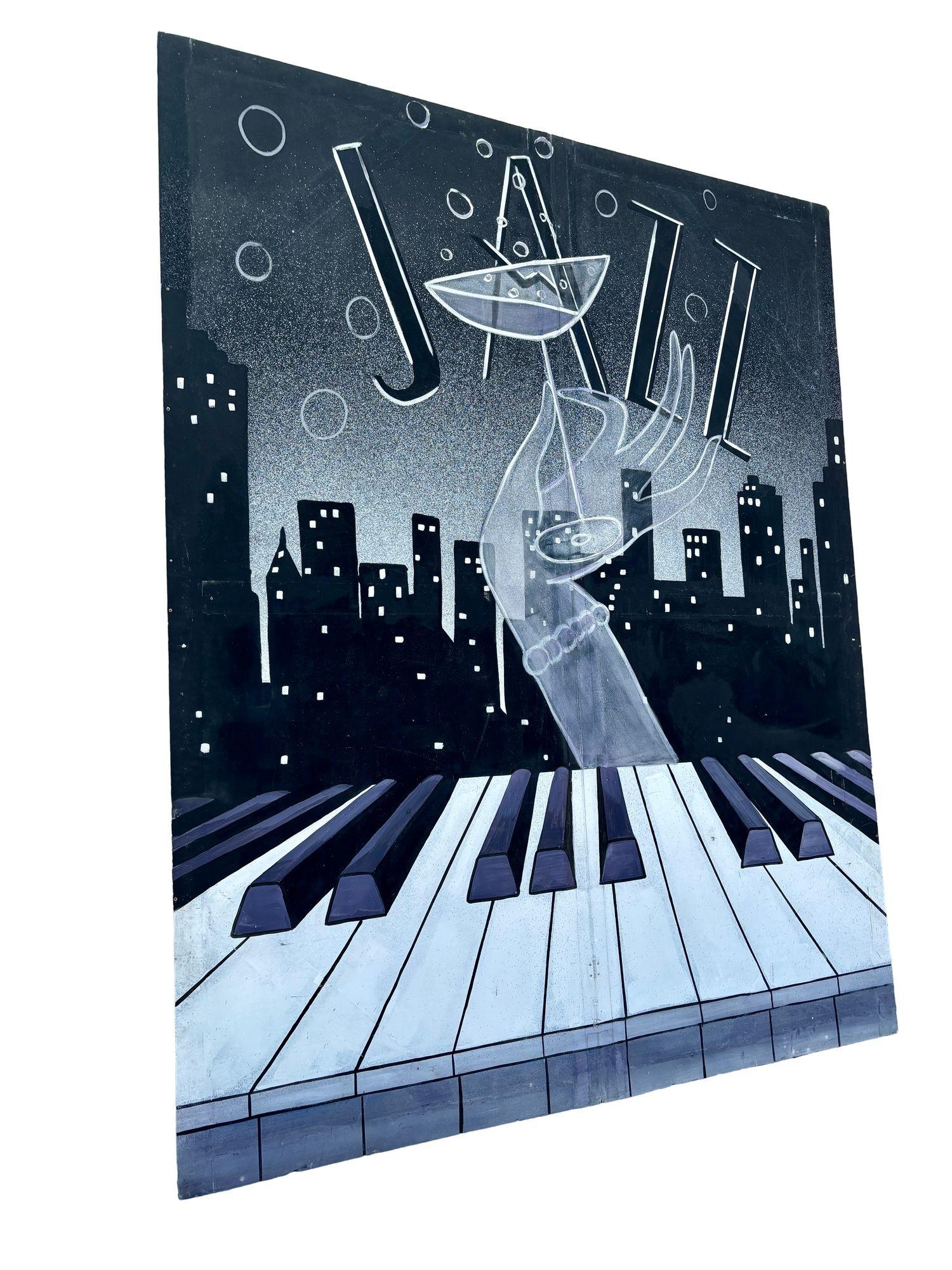 Late 20th Century 11' Foot Hand Painted Jazz Cityscape Oil on Canvas Screen For Sale